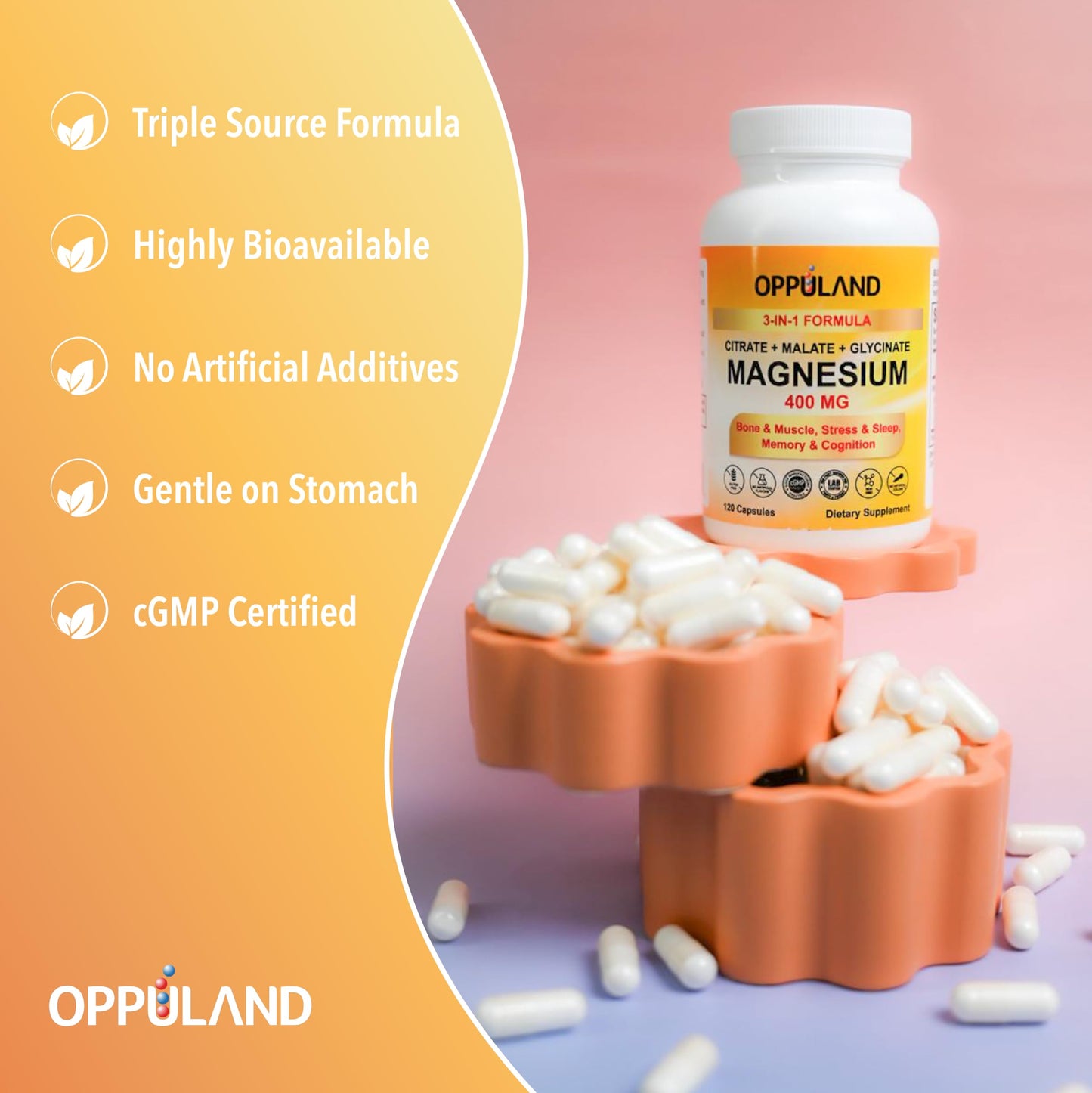 Oppuland Triple Magnesium Complex Supplement 400mg with Citrate, Malate & Glycinate Capsule 120 Count