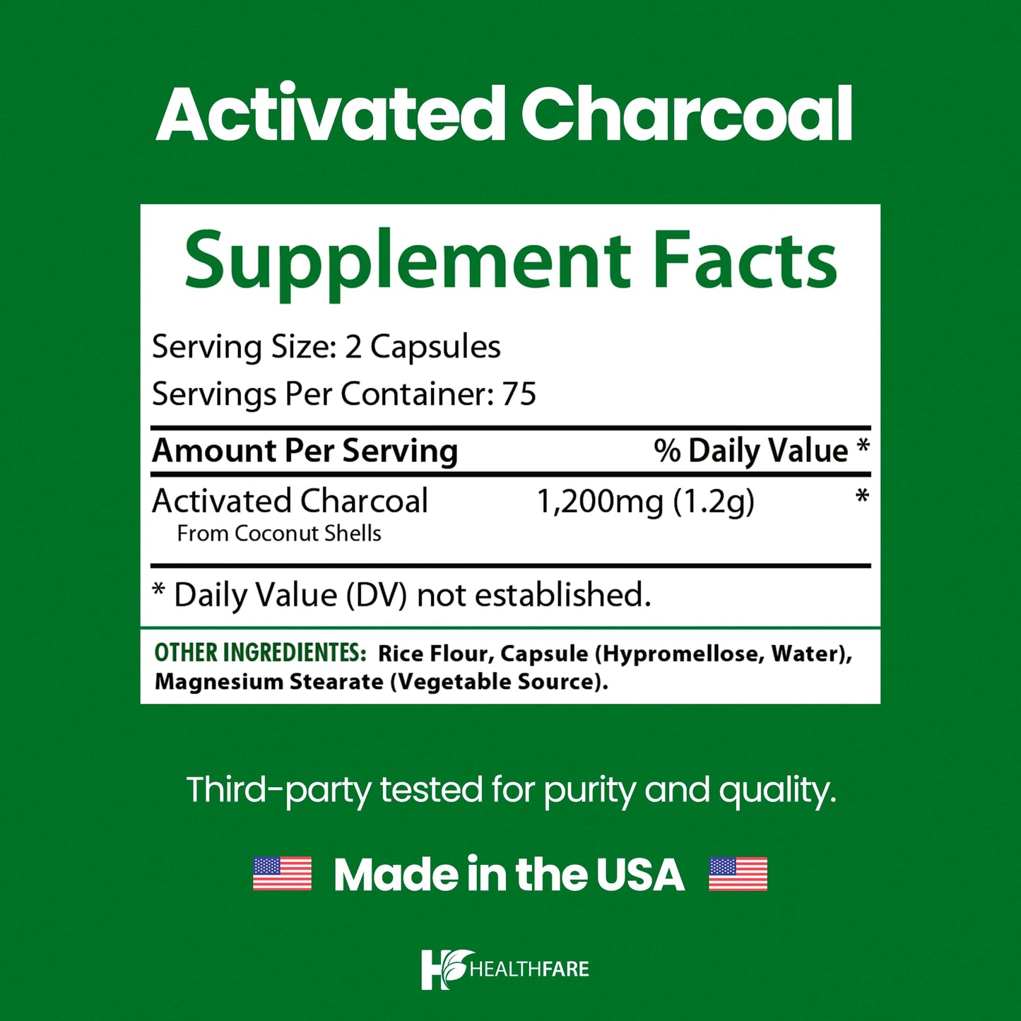 Healthfare Activated Charcoal 1200mg Capsules, 150 Count