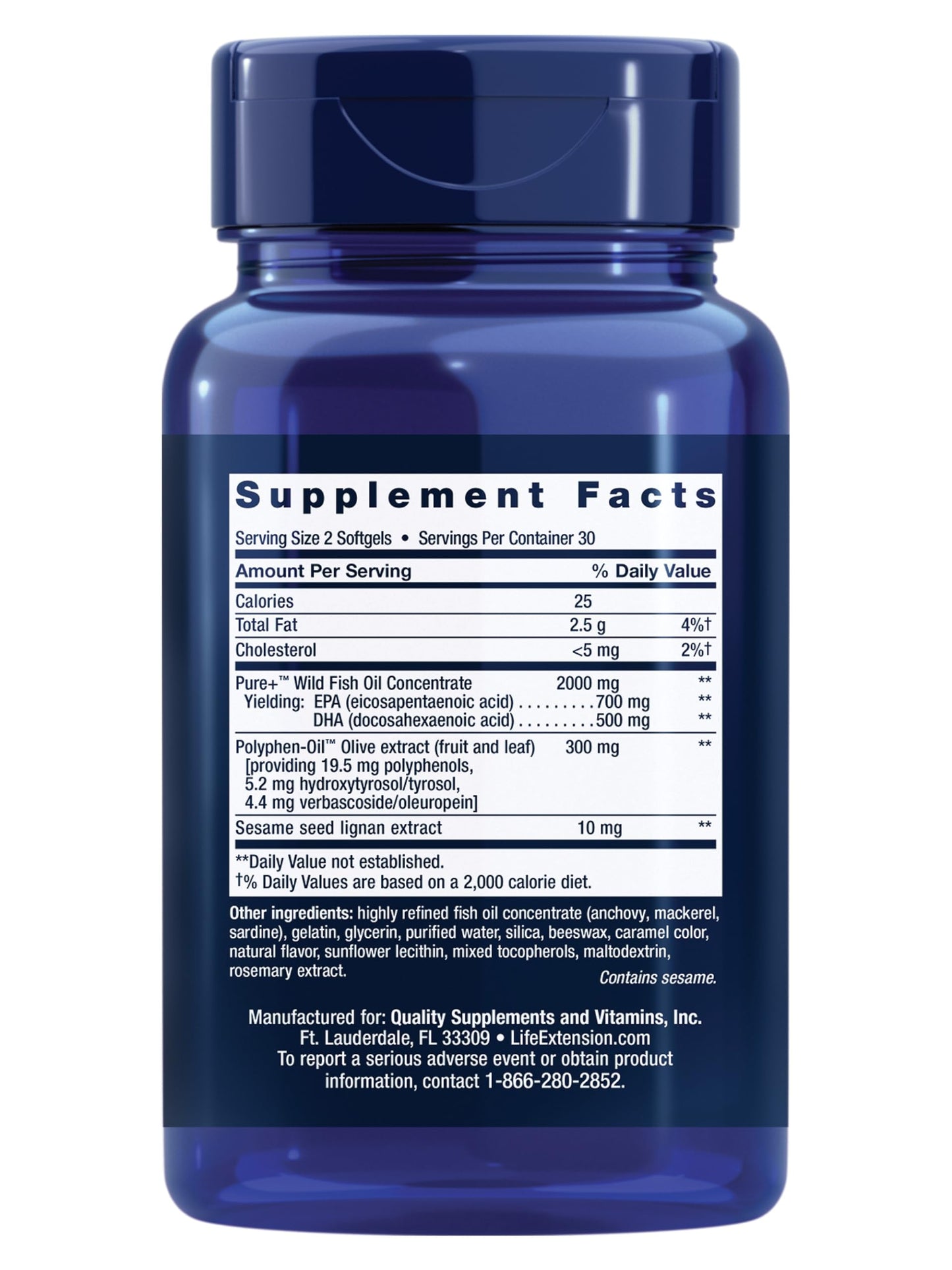 Life Extension Super Omega-3 EPA/DHA Fish Oil with Sesame Lignans & Olive Extract Softgels, 60 Count