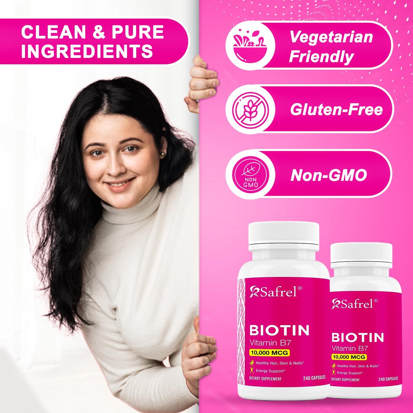 Safrel Biotin (Vitamin B7) 10,000mcg (10mg) Vitamin Supplement, 240 Capsules