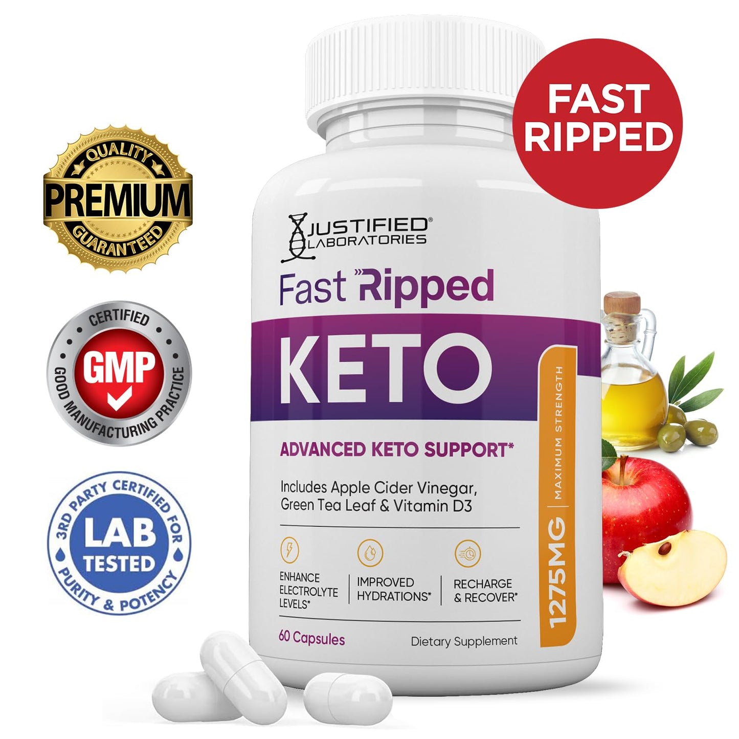 Justified Laboratories Fast Ripped Keto ACV Pills 1275MG Keto Support Blend Capsules, 60 Capsules
