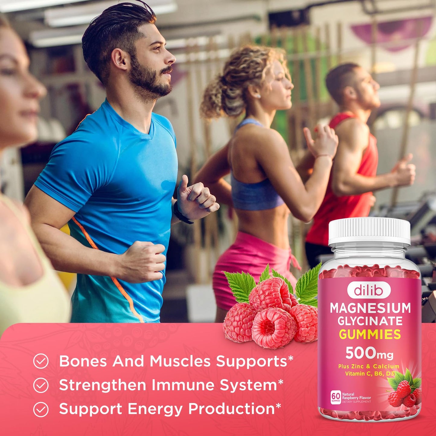 dilib Magnesium Glycinate Gummies 500mg Magnesium Supplement with Calcium, Zinc, Vitamin C, B6, D3 - Calm Chewable Gummies for Kids & Adults - Sleep, Mood & Muscle Support - Raspberry Flavor, 60 Gummies