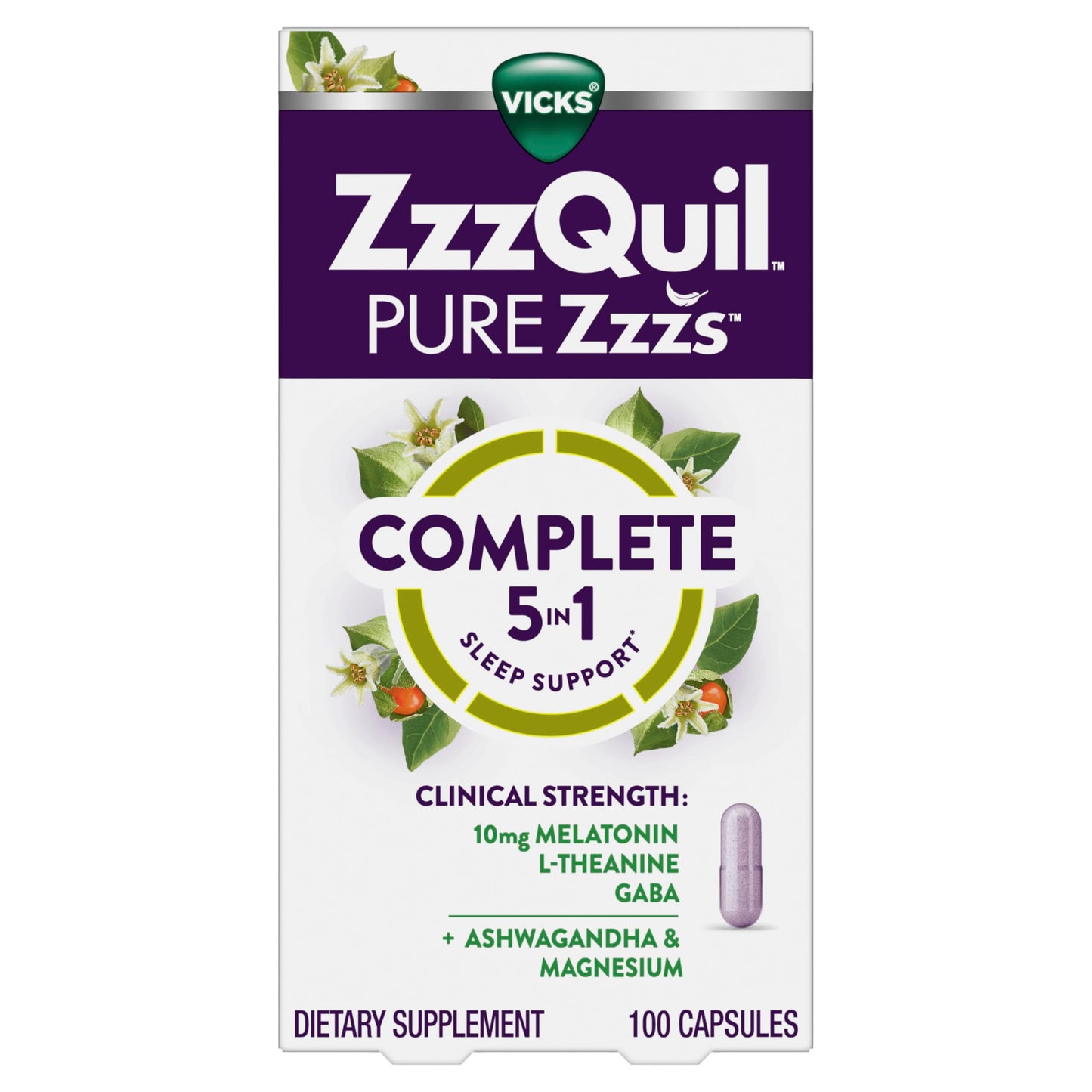 ZzzQuil Pure Zzzs Complete Sleep Melatonin Sleep Aid Capsules, 100 Count