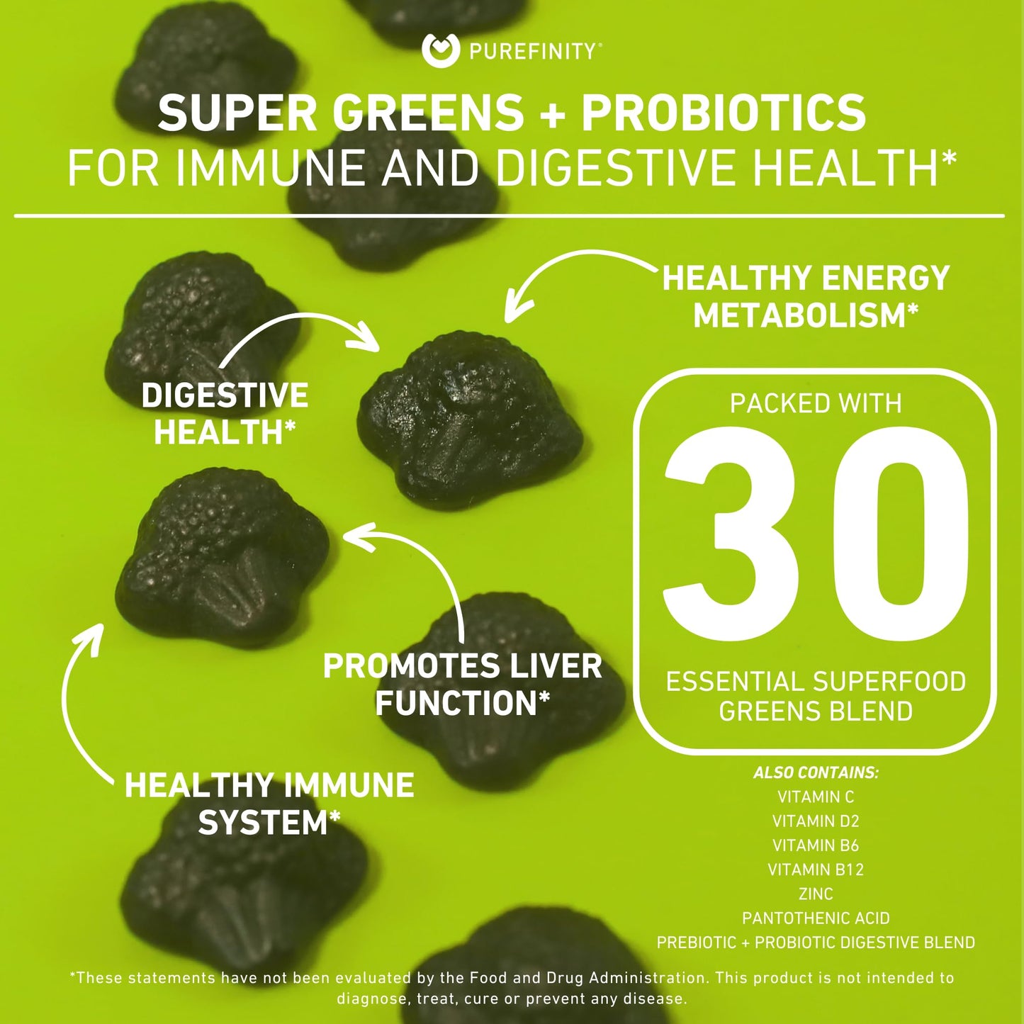 PUREFINITY Daily Super Greens Gummies with Spirulina, Spinach, Broccoli, Beet Root, Acai, and Other Vegetables, All-in-One Veggie Supplement, 60 Count