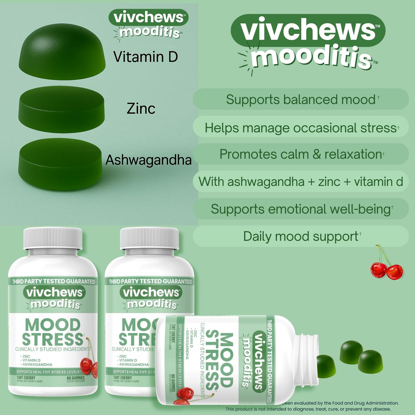 vivchews Mood & Stress Gummies – Zinc, Vitamin D & Ashwagandha for Calm & Emotional Balance, 60 Count