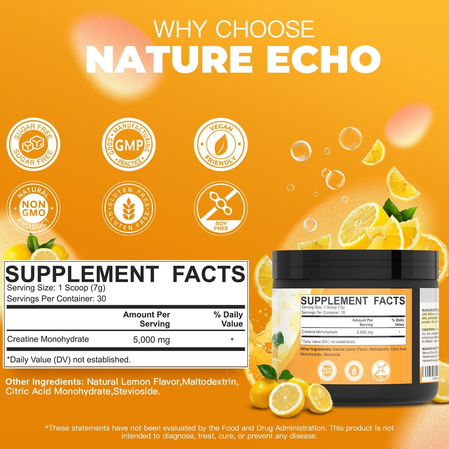 Nature Echo Creatine Monohydrate Powder Lemon, 7.4 oz