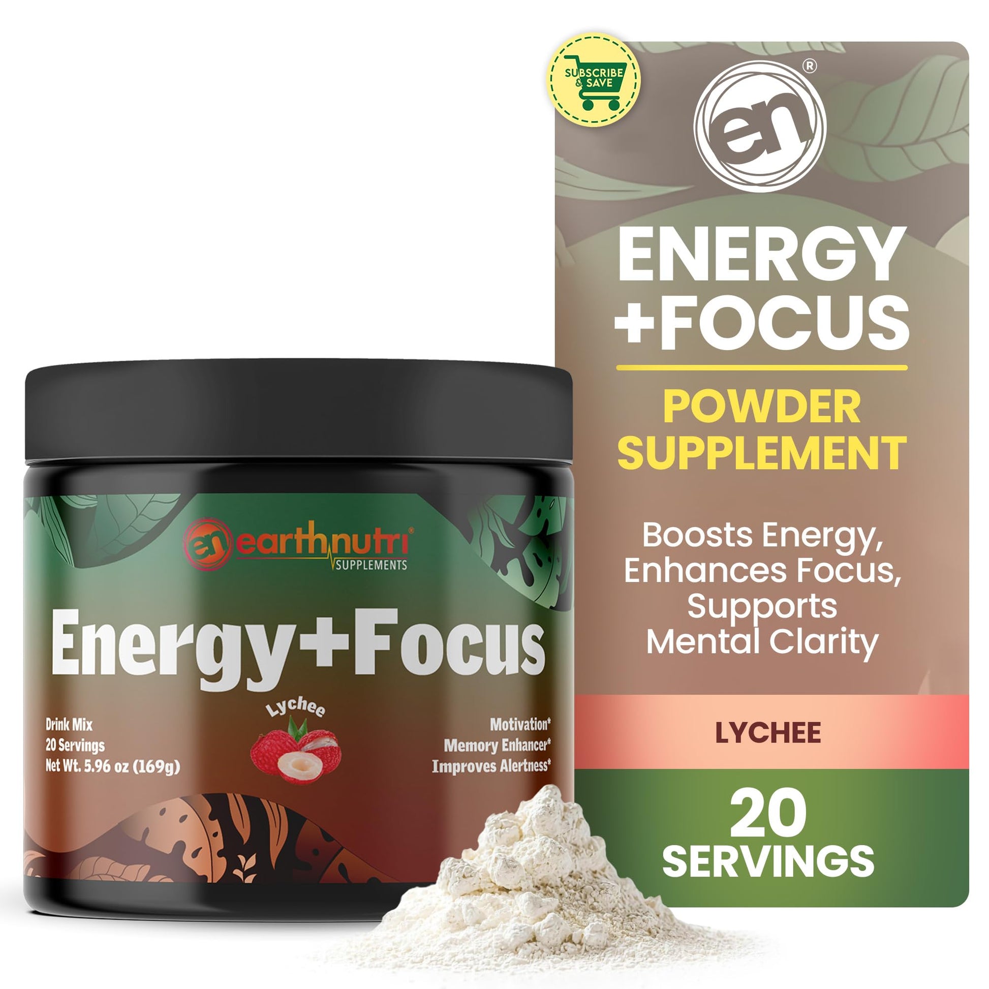 EarthNutri Energy + Focus Powder Supplement – Energy Boost & Memory Supplements with PeakO2, AlphaSize, Cognizin, PurCaf, Theacrine, Acetyl L-Carnitine L-Tyrosine, Lychee Flavor – 6.03 Ounce
