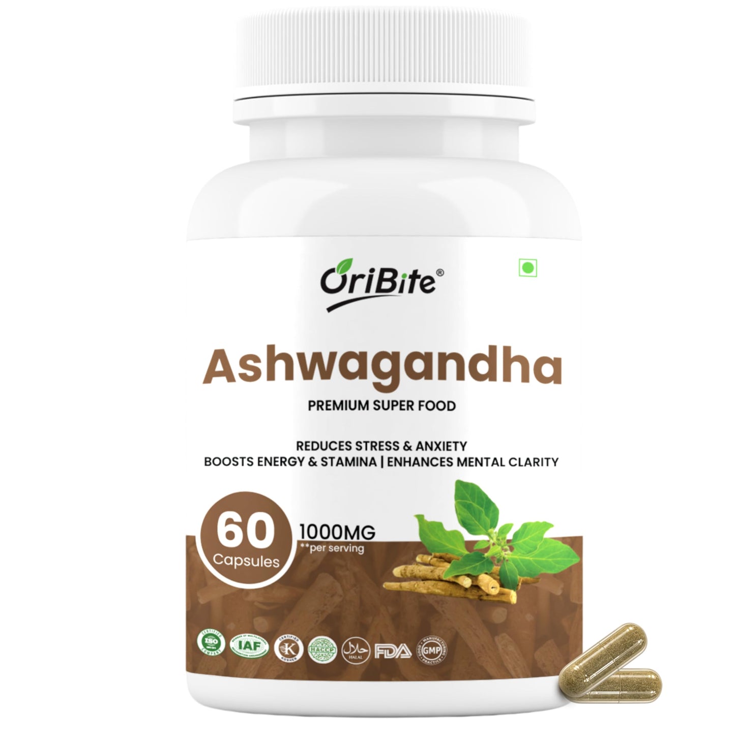 ORIBITE Ashwagandha 1000mg High-Potency Root Extract (2.5% Withanolides), Vegan Capsules, 60 Capsules
