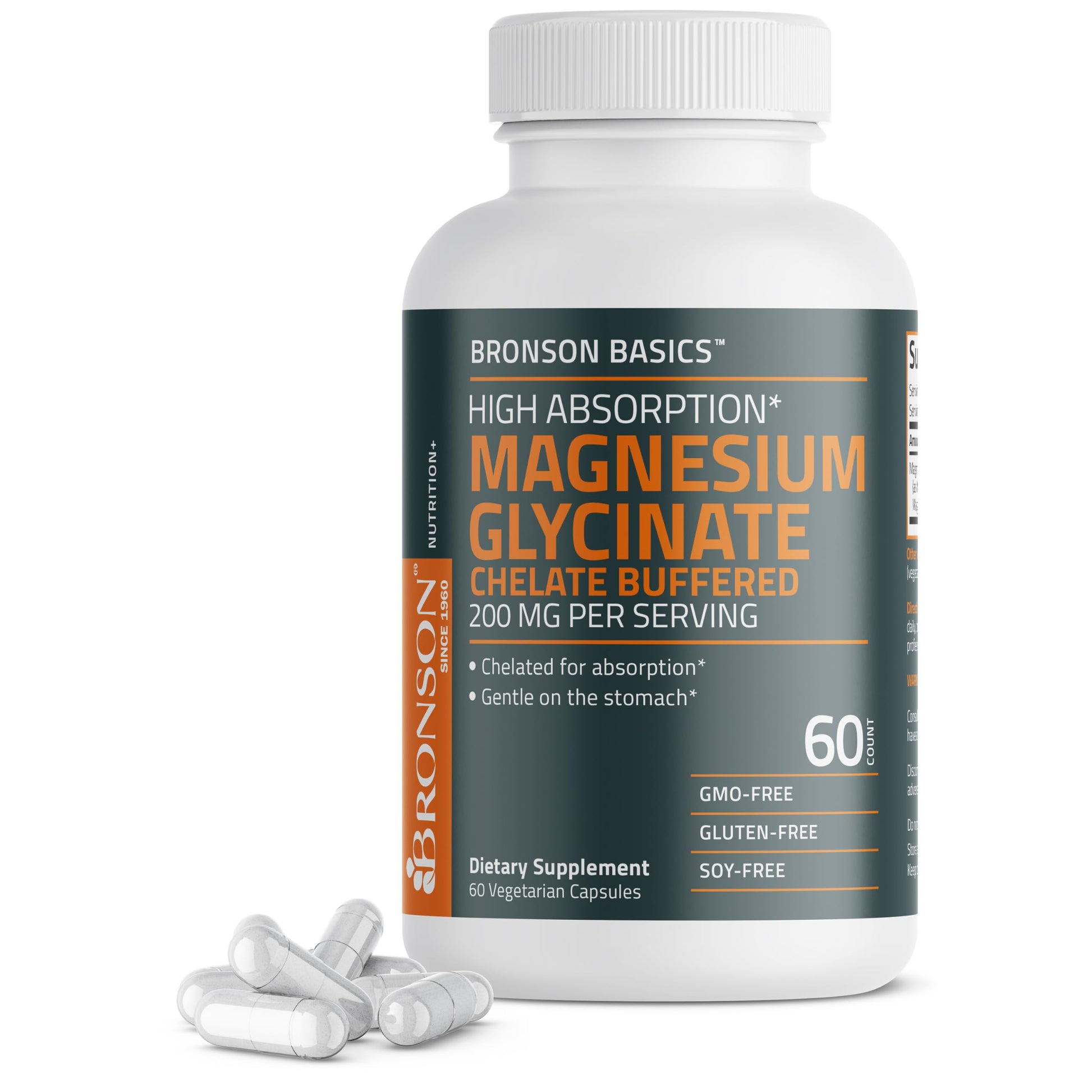 Bronson Magnesium Glycinate 200mg High Absorption Chelated Buffered Gentle On The Stomach Non-GMO, 60 Capsules