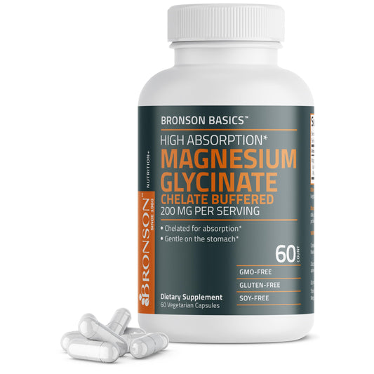 Bronson Magnesium Glycinate 200mg High Absorption Chelated Buffered Gentle On The Stomach Non-GMO, 60 Capsules