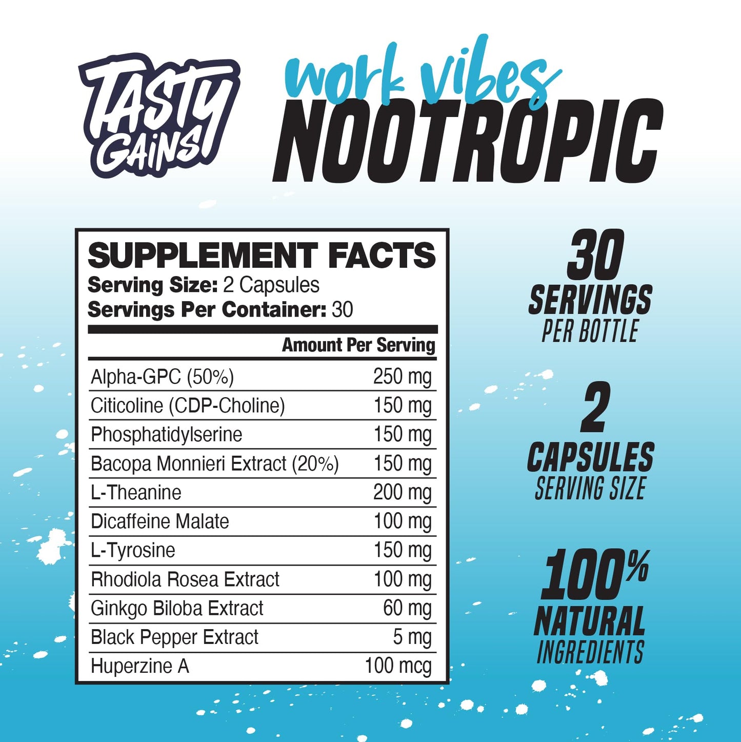 TASTY GAINS Nootropic Brain Supplement for Memory and Focus with L-Theanine, Rhodiola Rosea & Phosphatidylserine - Memory, Mental Clarity & Cognitive Improvement, 60 Capsules