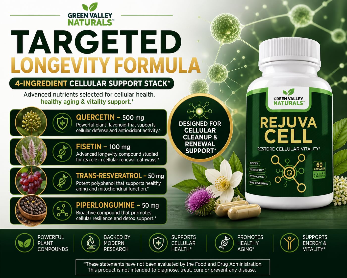 Green Valley Naturals RejuvaCell Longevity Supplement Fisetin, Quercetin Phytosome, Trans-Resveratrol & Piperlongumine, 60 Capsules