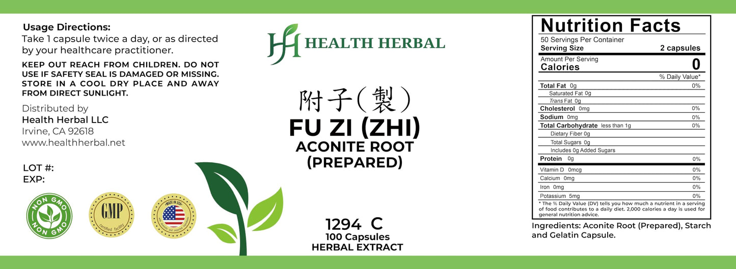 Health Herbal HH1294C Fu Zi (Zhi)/Aconite Root (Prepared) Capsules, 100 Capsules
