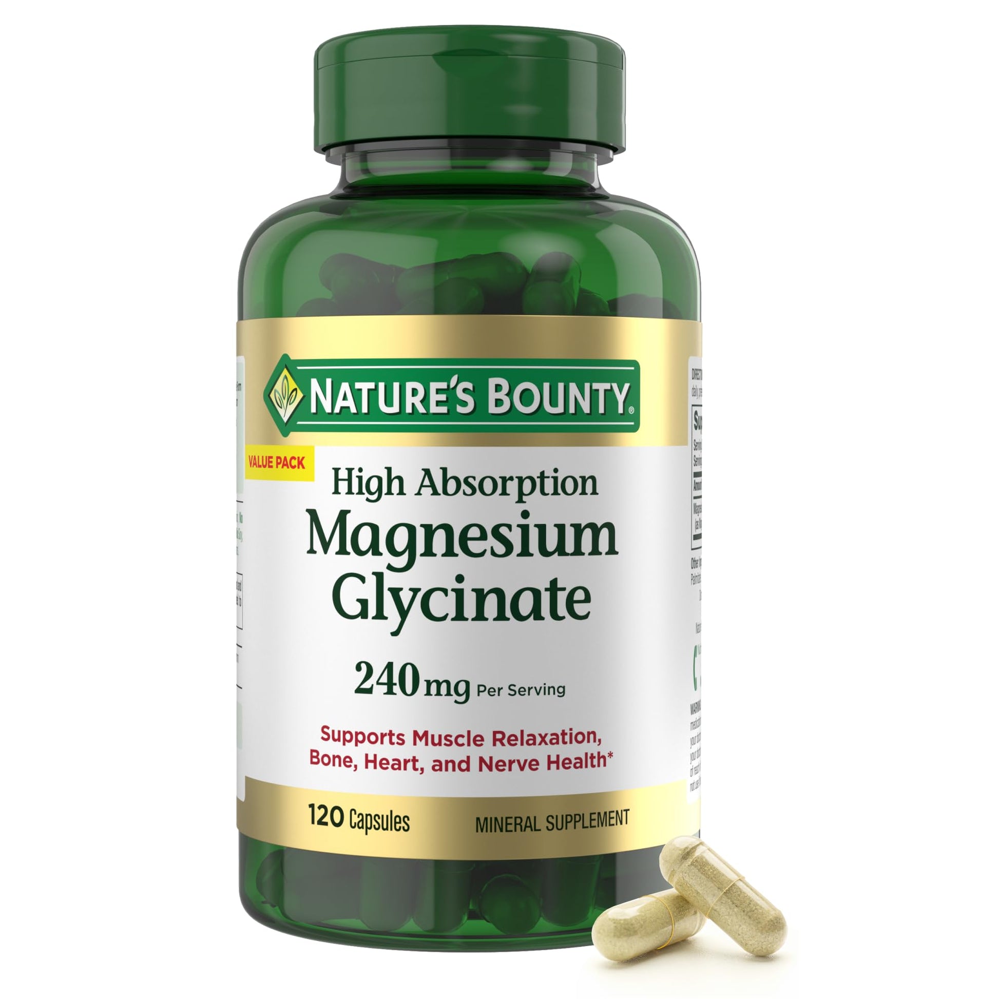 Nature's Bounty High Absorption Magnesium Glycinate 240 mg Capsules, 120 Count