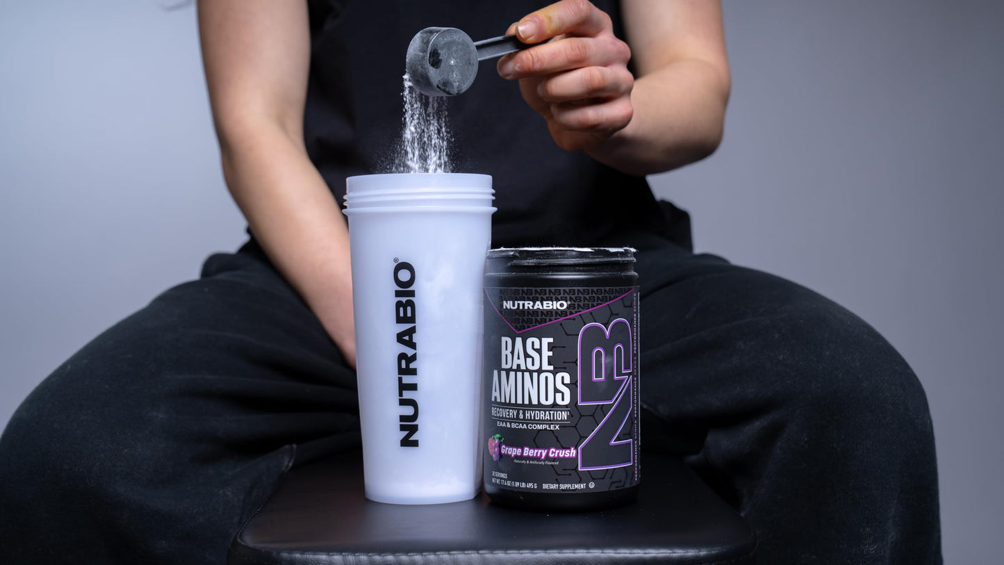 NutraBio Base Aminos EAA + BCAA Powder – 10g Essential Amino Acids Supplement, 6g 2:1:1 BCAAs, 2.8g Hydration Matrix with Electrolytes & Absorption Enhancer AstraGin®, Grape Berry Crush, 17.4
