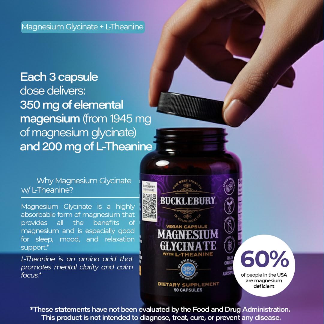 Bucklebury Magnesium Glycinate Capsules with L-Theanine 350mg - Advanced Formula for Stress Relief, Muscle & Bone Health Support - Vegan, 90 Count