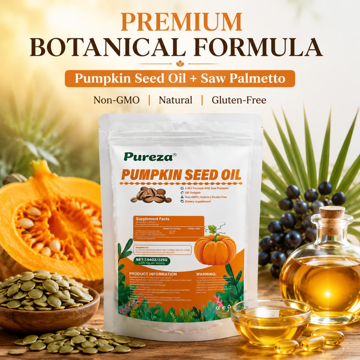 Pureza 2-in-1 Pumpkin Seed Oil Capsules 3000mg with Saw Palmetto Softgels, Plant-Based Formula, Supports Hair Growth, Hormonal Balance, Bladder Comfort & Restful Sleep, 2 Capsules