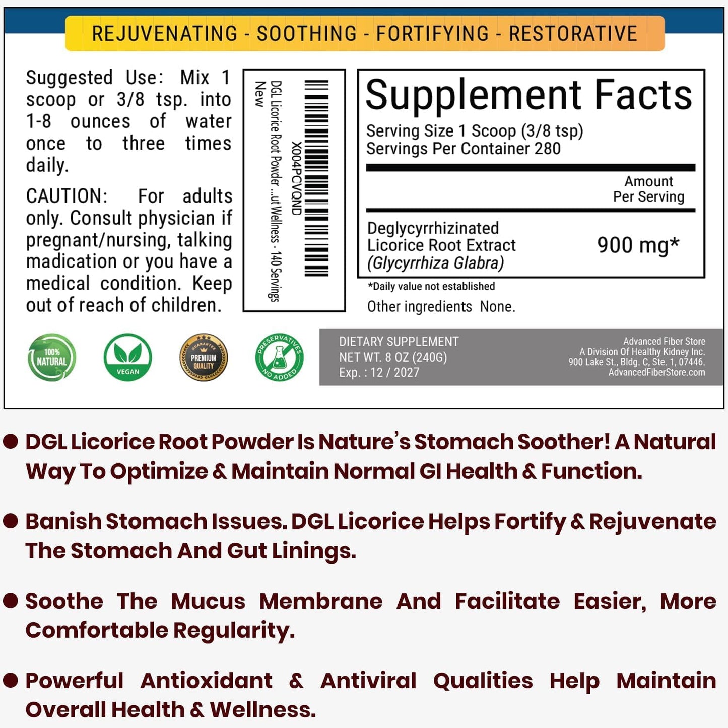 Kidney Restore DGL Licorice Root Powder Supplement, 4 Ounce