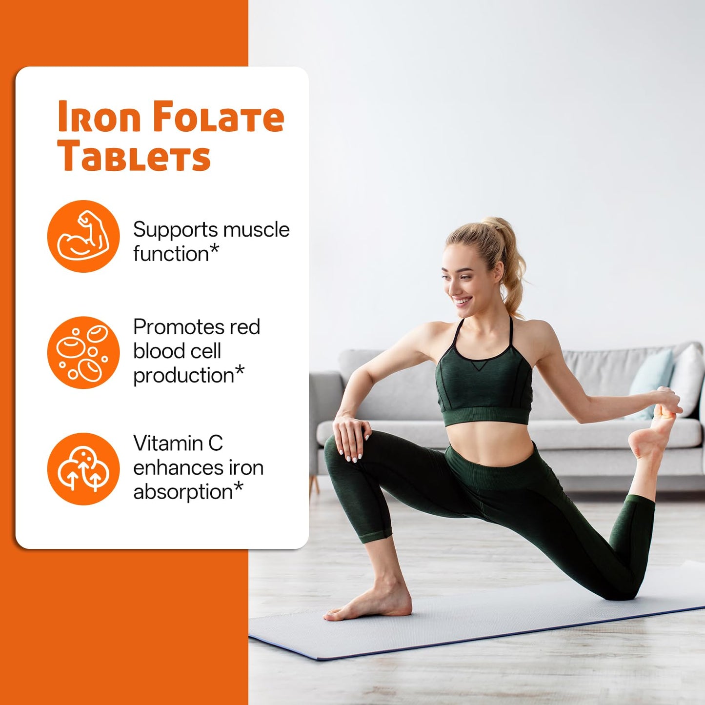 Oopeatol Iron & Folic Acid Supplement Chewable, Supports Red Blood Cell Production, Energy & Blood Health, Gentle Iron Formula for Men & Women, 60 Tablets