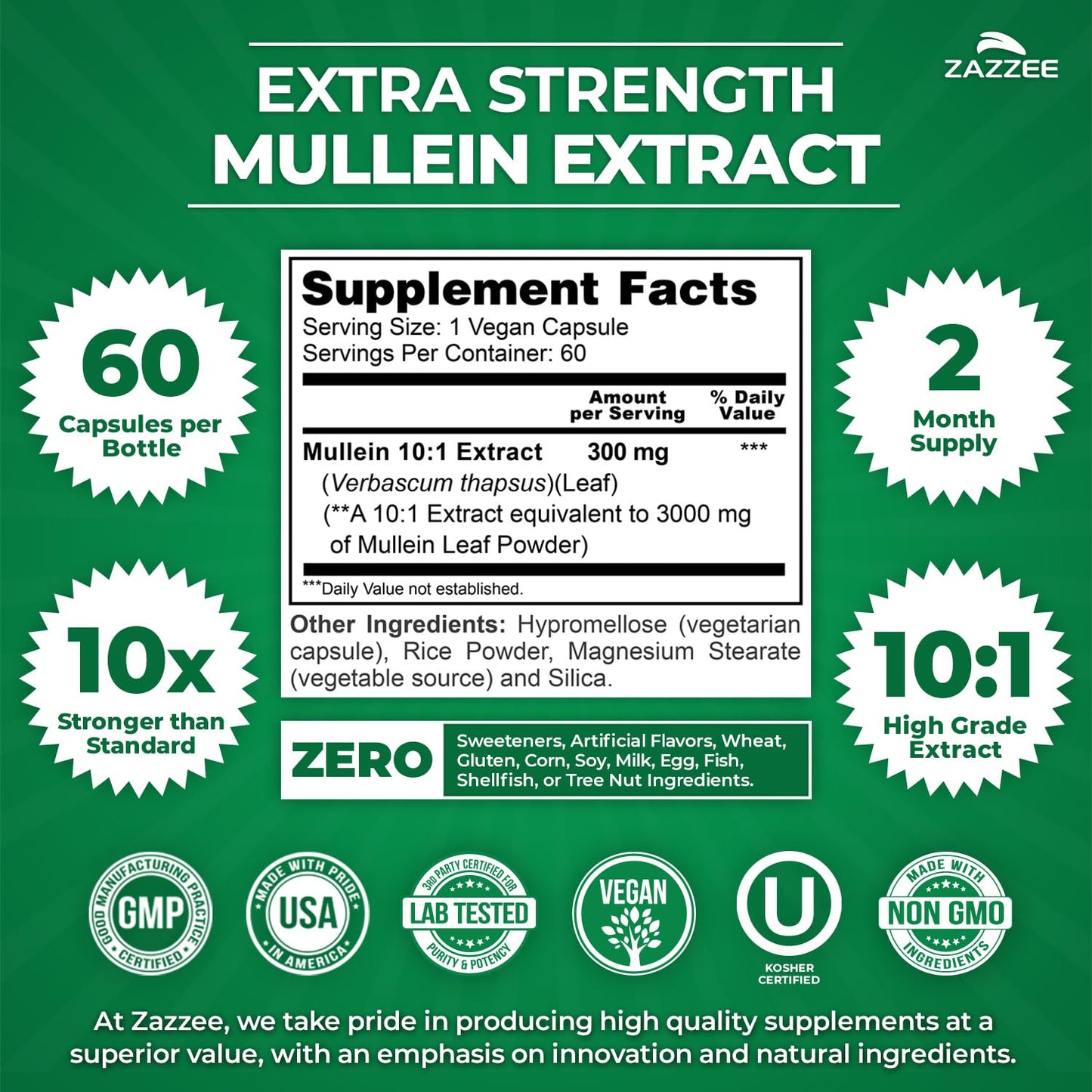 Zazzee Extra Strength Mullein Leaf 10:1 Extract 60 Capsules