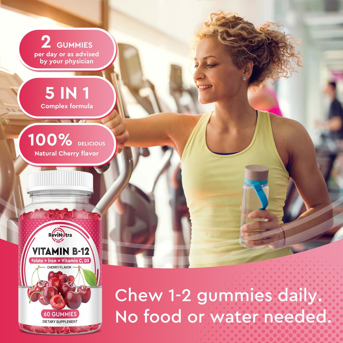 ReviNutra Vitamin B12 Gummies - 5000 mcg Methylcobalamin with Iron, Vitamin C, D3 & Folate, Energy Support and Metabolism, Immune Support, Chewable Supplement, 120 Count