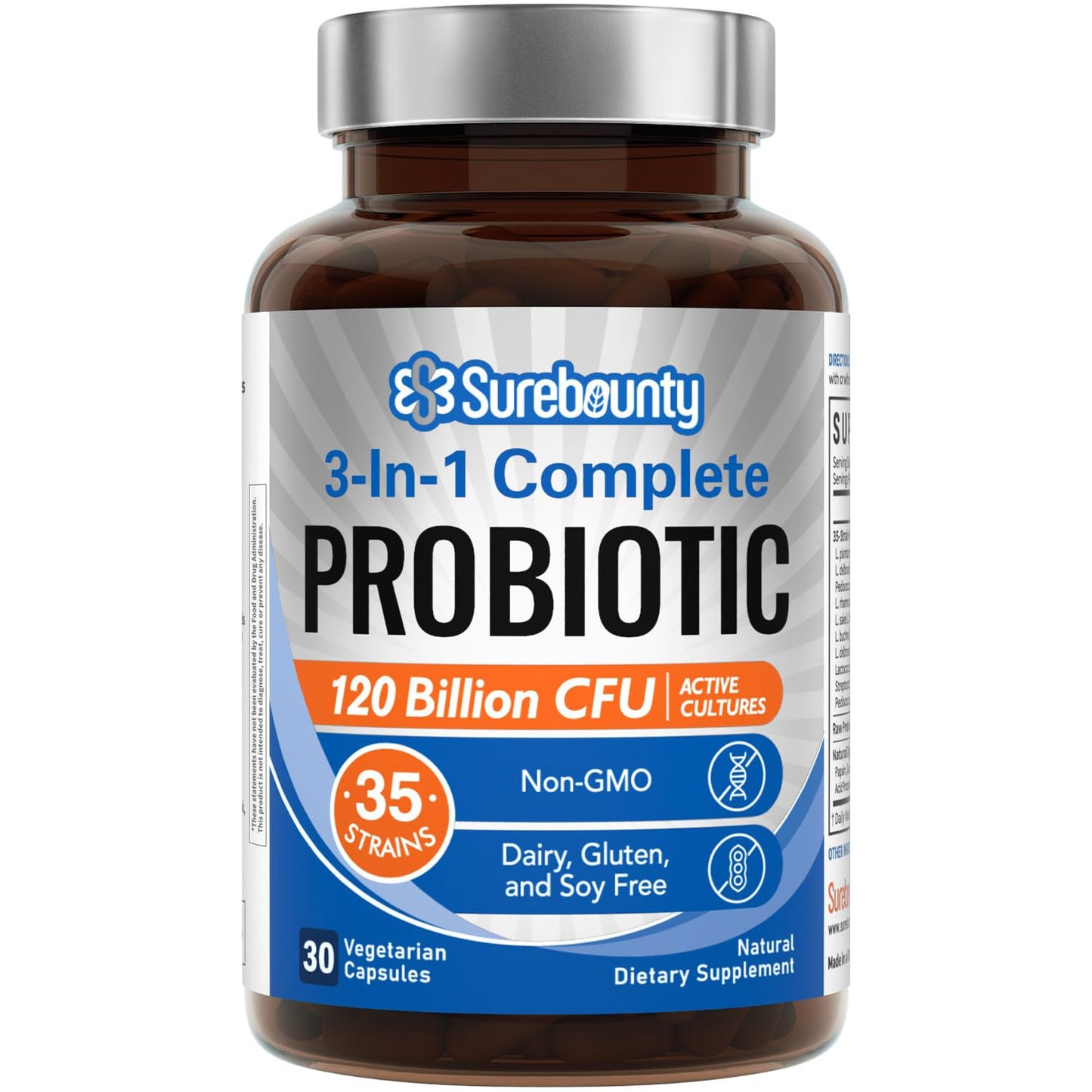 Surebounty Probiotics 120 Billion CFU, Probiotics for Men & Women, Prebiotics + Digestive Enzymes, Highest Potency, 3-in-1 Complete Probiotic Capsules, 30 Capsules