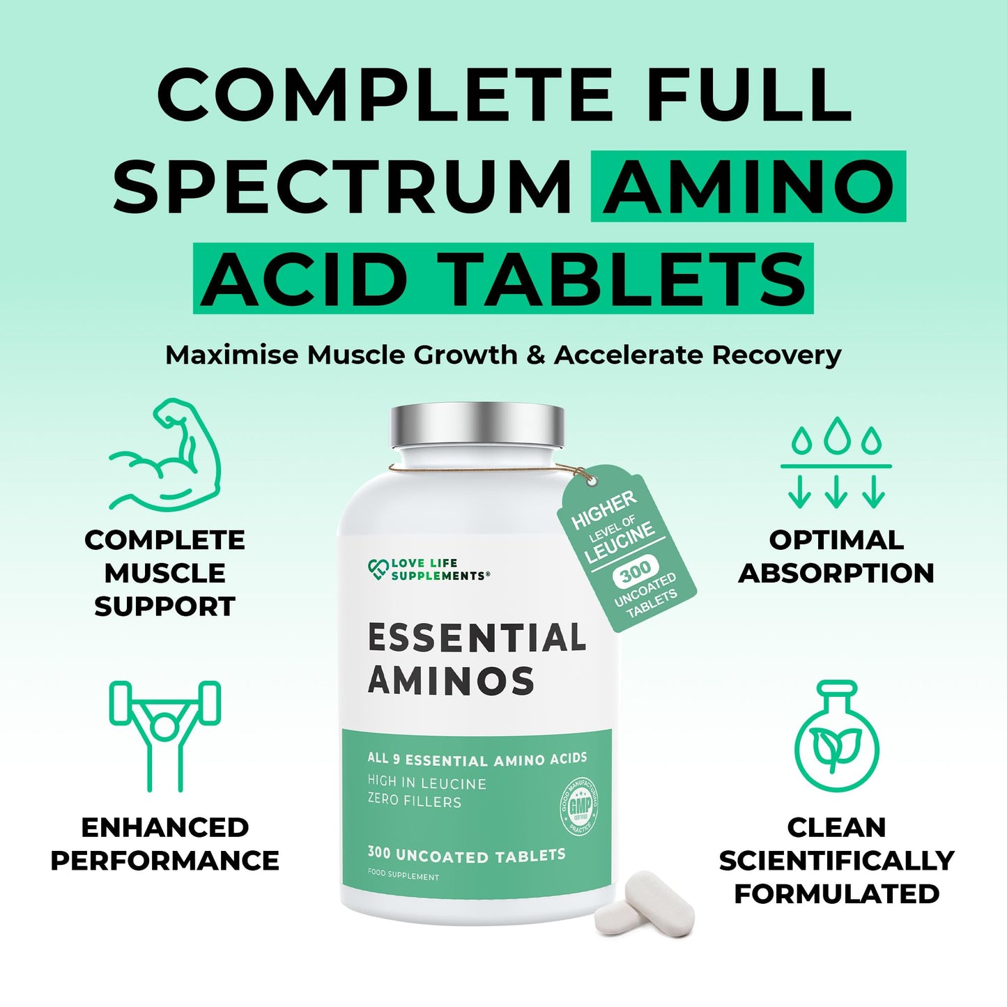 Love Life Supplements Essential Amino Acids, Full Spectrum EAA & BCAA, 300 Tablets