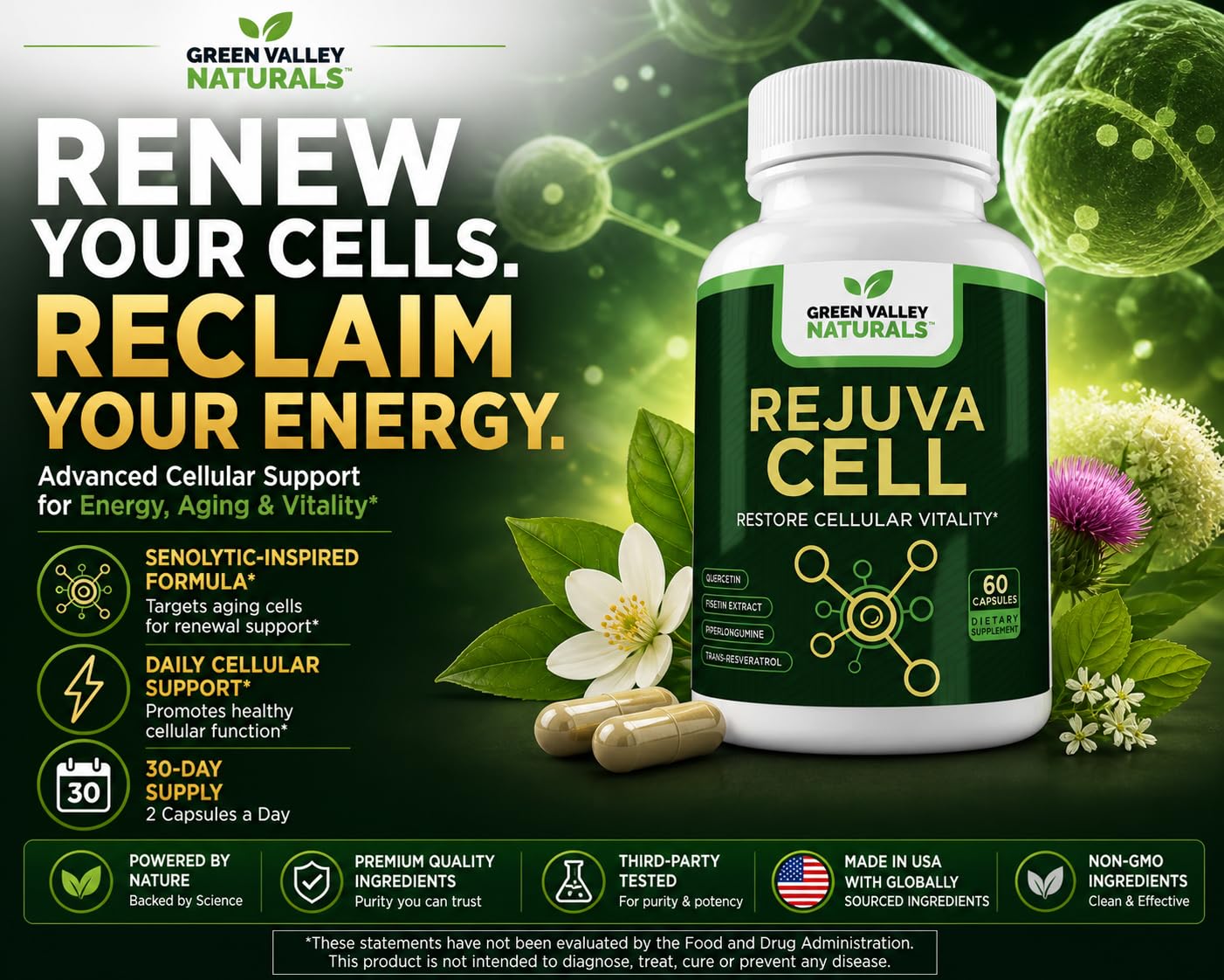 Green Valley Naturals RejuvaCell Longevity Supplement Fisetin, Quercetin Phytosome, Trans-Resveratrol & Piperlongumine, 60 Capsules