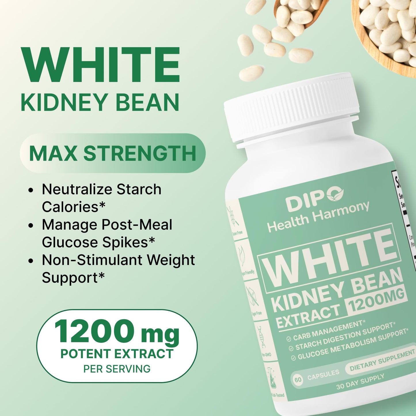 DIPO HEALTH HARMONY White Kidney Bean Extract Carb Blocker Capsules, 60 Count