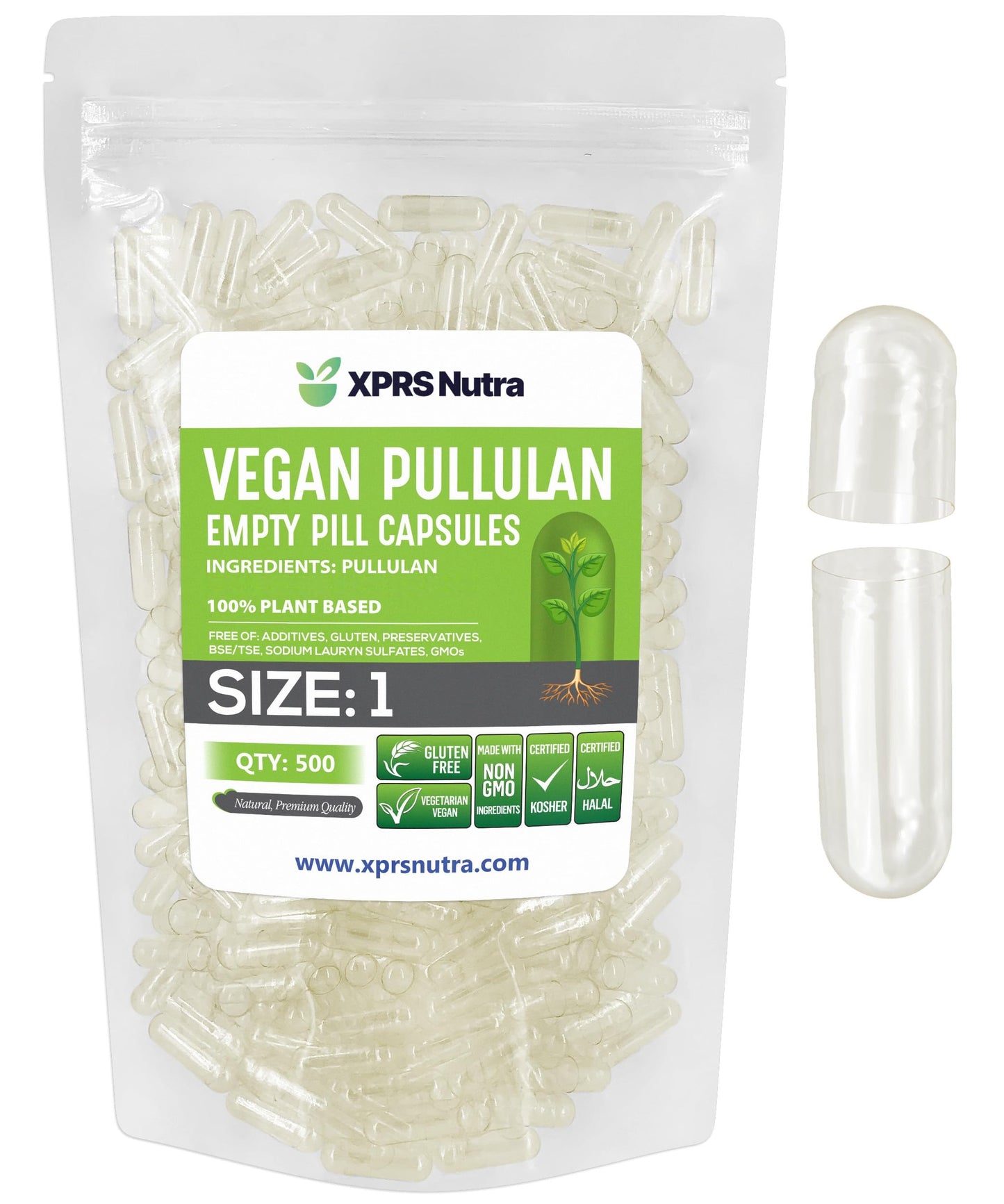 XPRS Nutra Pullulan Empty Capsules - Size 1, 500 Count