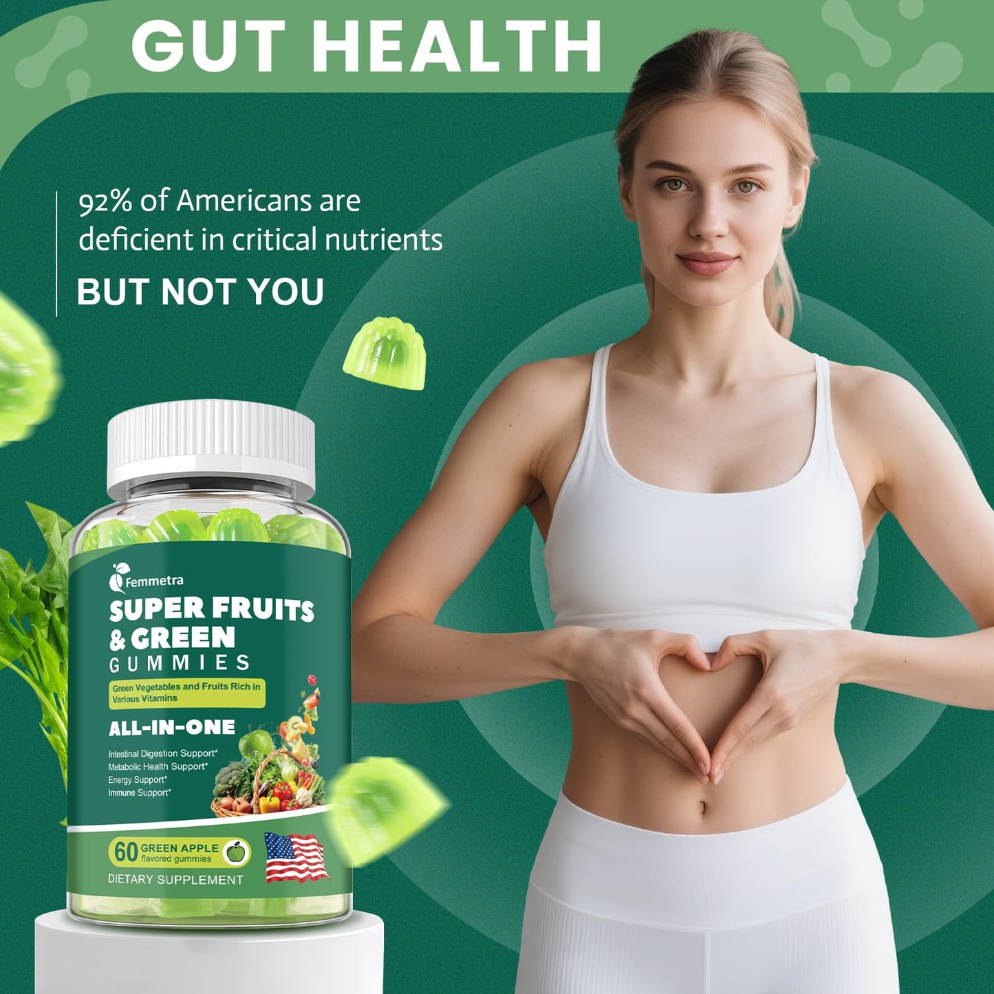 Femmetra 61-in-1 Supergreens Daily Gummies for Women and Men - Multivitamin Superfood Gummy with Probiotics - Sugar Free Green Apple Flavor, 60 Gummies