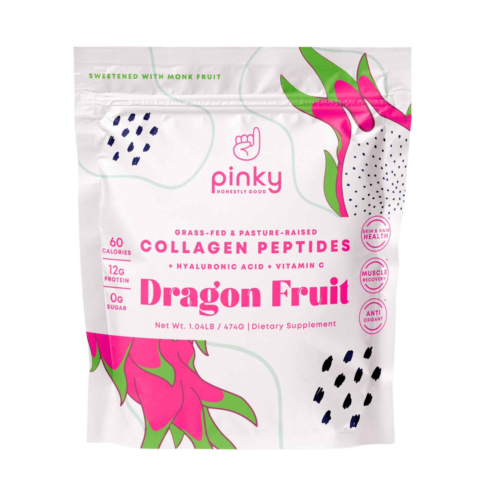 Pinky Collagen Peptides with Hyaluronic Acid & Vitamin C - Dragon Fruit Flavor Powder, 16.72 oz