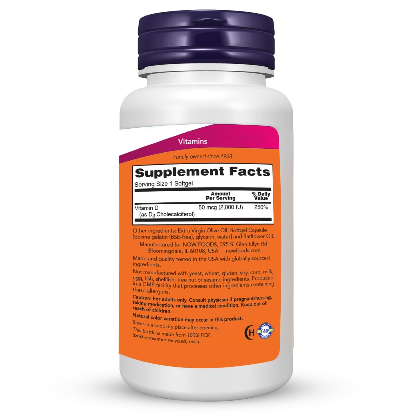 NOW Foods Vitamin D3 2000 IU High Potency, Structural Support 360 Softgels