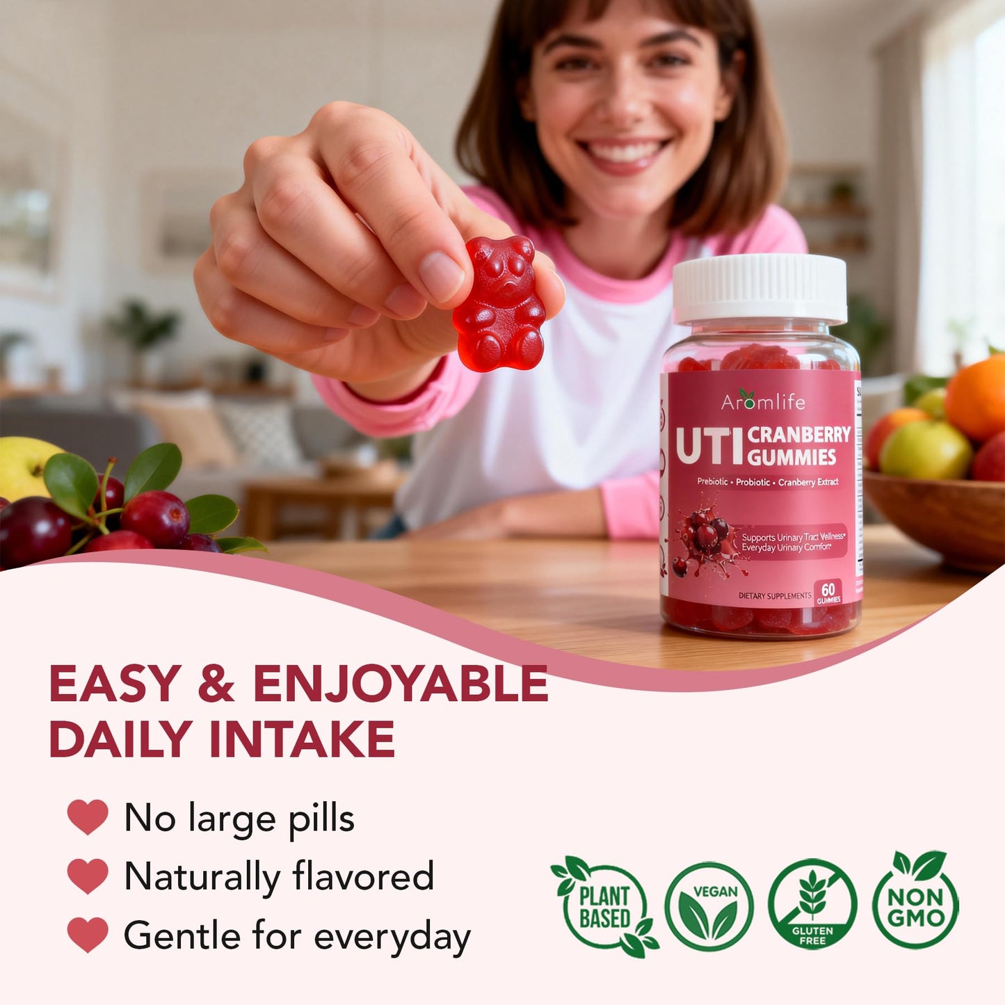 Aromlife Cranberry Gummies for UTI & Bladder, Natural Urinary Wellness Gummies with Vitamin C, Prebiotic Fiber & Probiotic, 60 Gummies