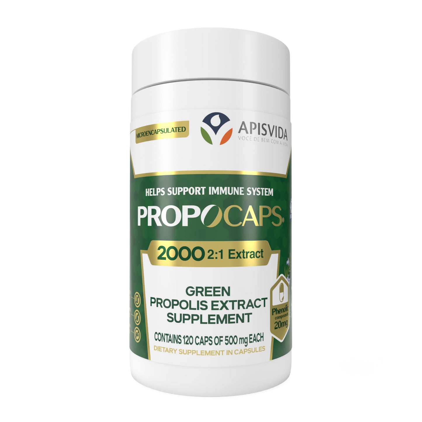 APIS VIDA Green Propolis Extract Capsules PropoCaps 2000 Microencapsulated Immune Support Supplement 20mg Phenolic Compounds per Capsule Rich in Flavonoids Gluten Free, 120 Capsules