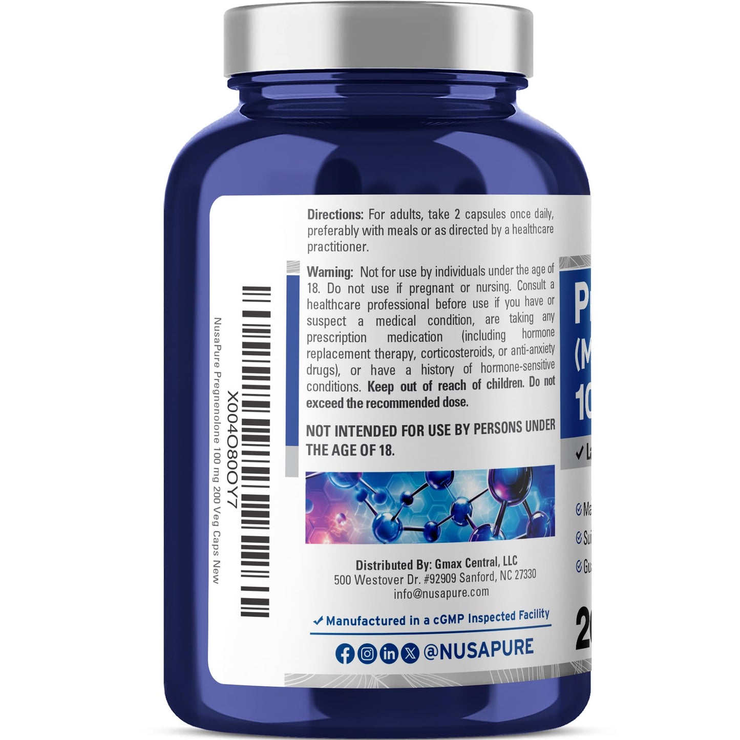 NusaPure Pregnenolone (Micronized) 100 mg per Serving Capsule, 200 Veg Caps