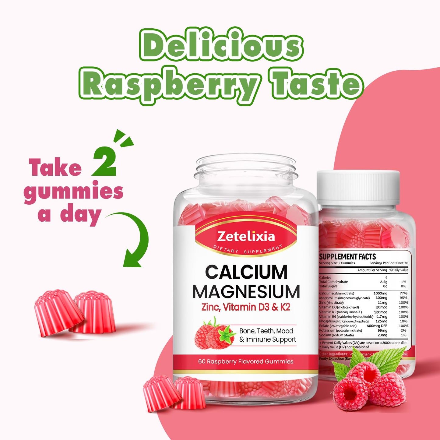 Zetelixia Calcium Magnesium Zinc Gummies with Vitamin D3 & K2, Raspberry Flavor, 60 Count