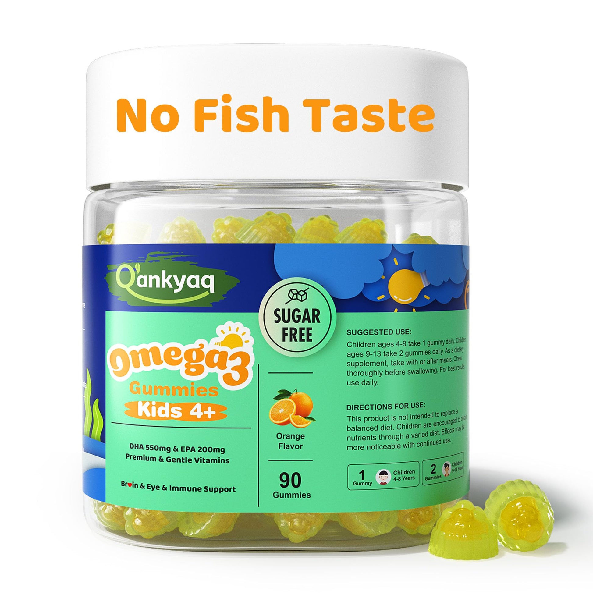 Q'ankyaq Kids Omega 3 Gummies, Vegan Algae Oil Omega-3 with DHA, Zinc & Multivitamins, Focus Support, No Fishy Taste, Sugar Free, 90 Gummies