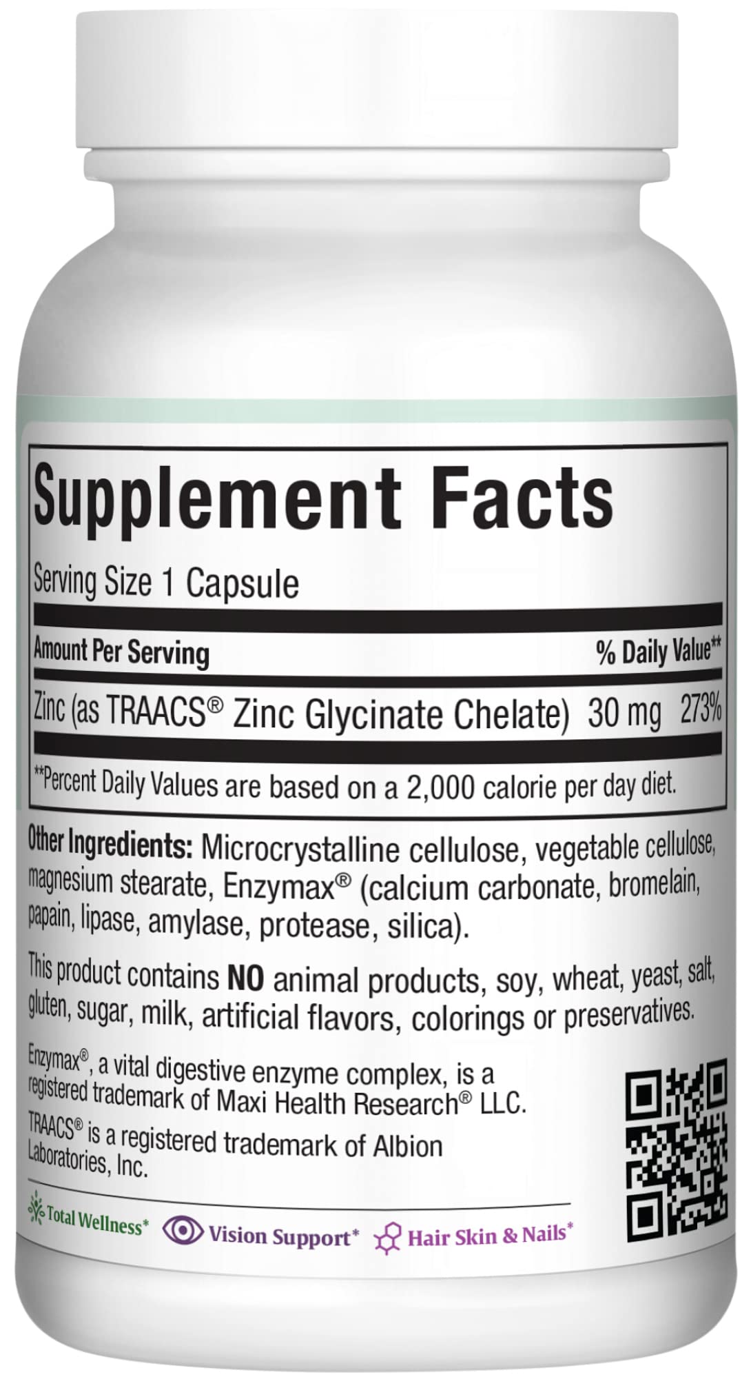 Maxi Health Zinc 30 mg with Enzymax Chelated Zinc Glycinate Capsules, 100 Count