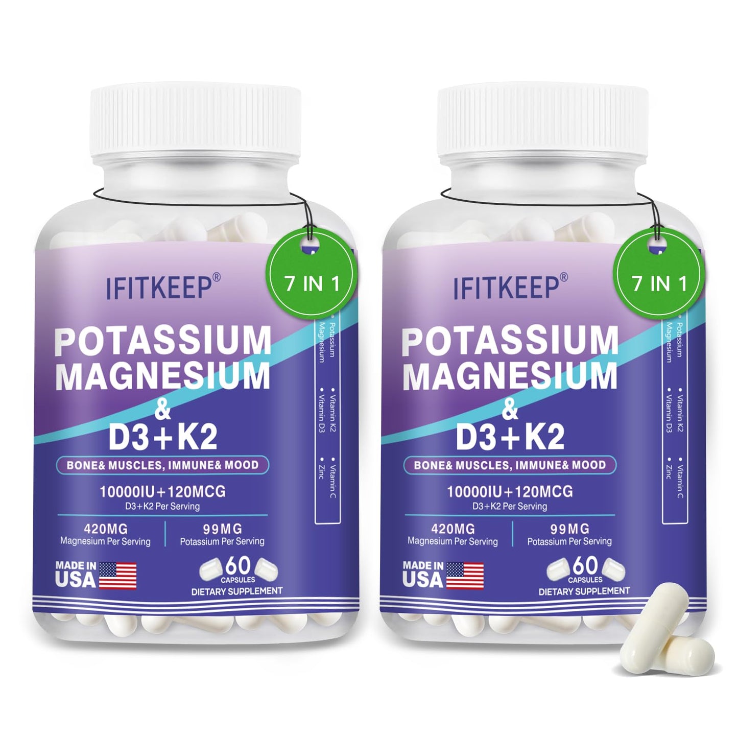 SUWENY Magnesium Potassium D3 K2 10000IU Supplement Capsules, 60 Count