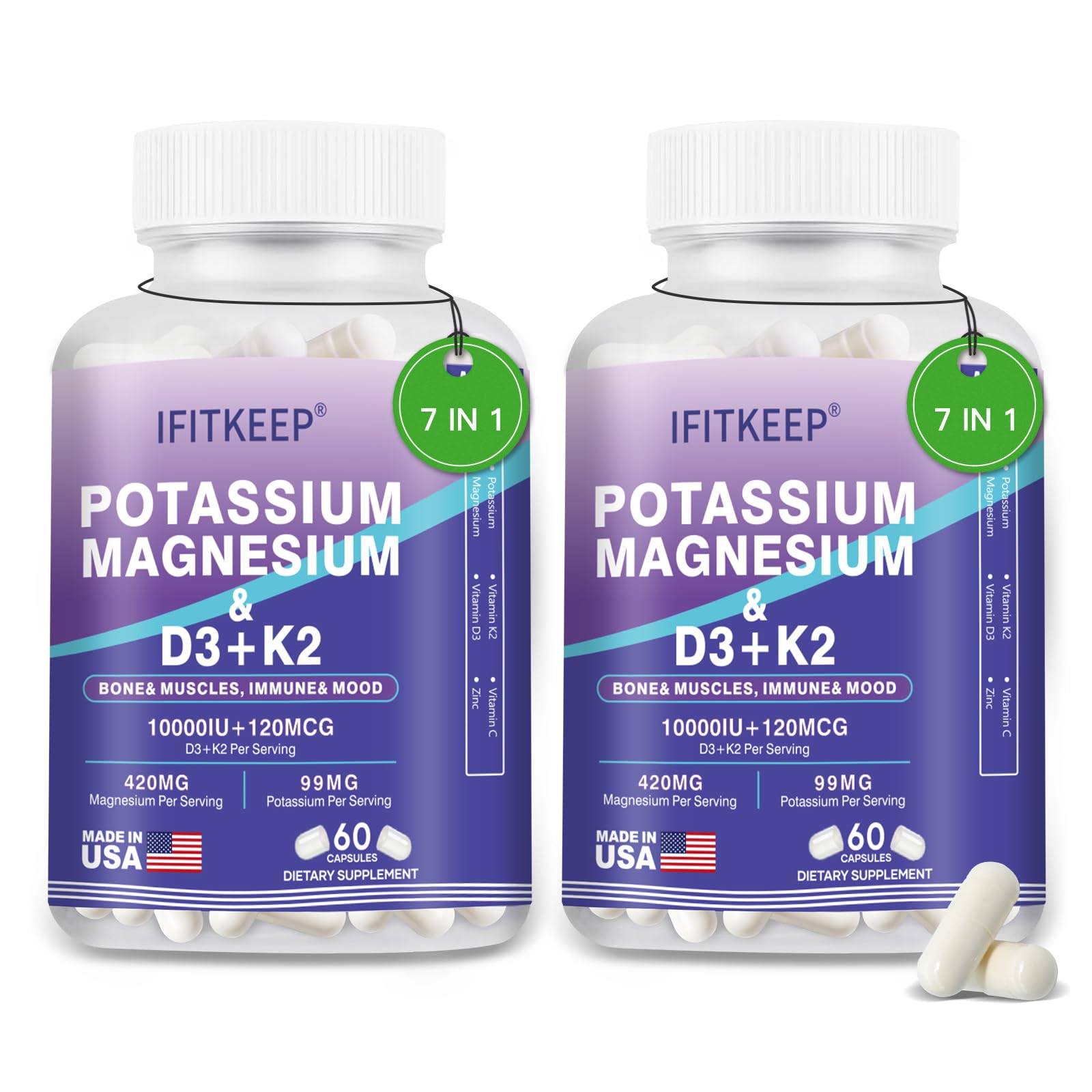 SUWENY Magnesium Potassium D3 K2 10000IU Supplement Capsules, 60 Count