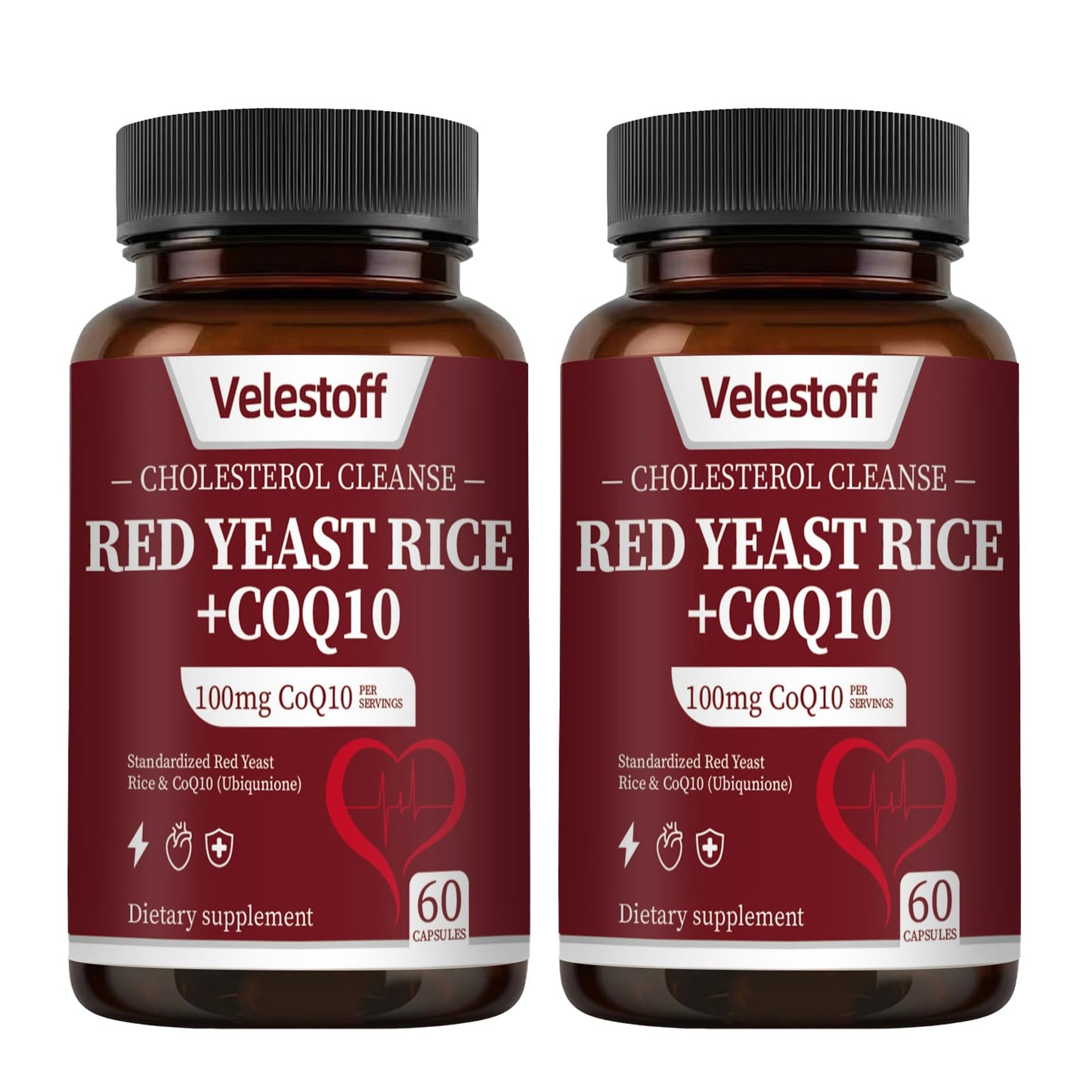 Velestoff Red Yeast Rice & CoQ10 Heart & Cholesterol Support Capsules, Citrinin-Free, Third-Party Tested, Vegan, USA-Formulated, 1 Capsule