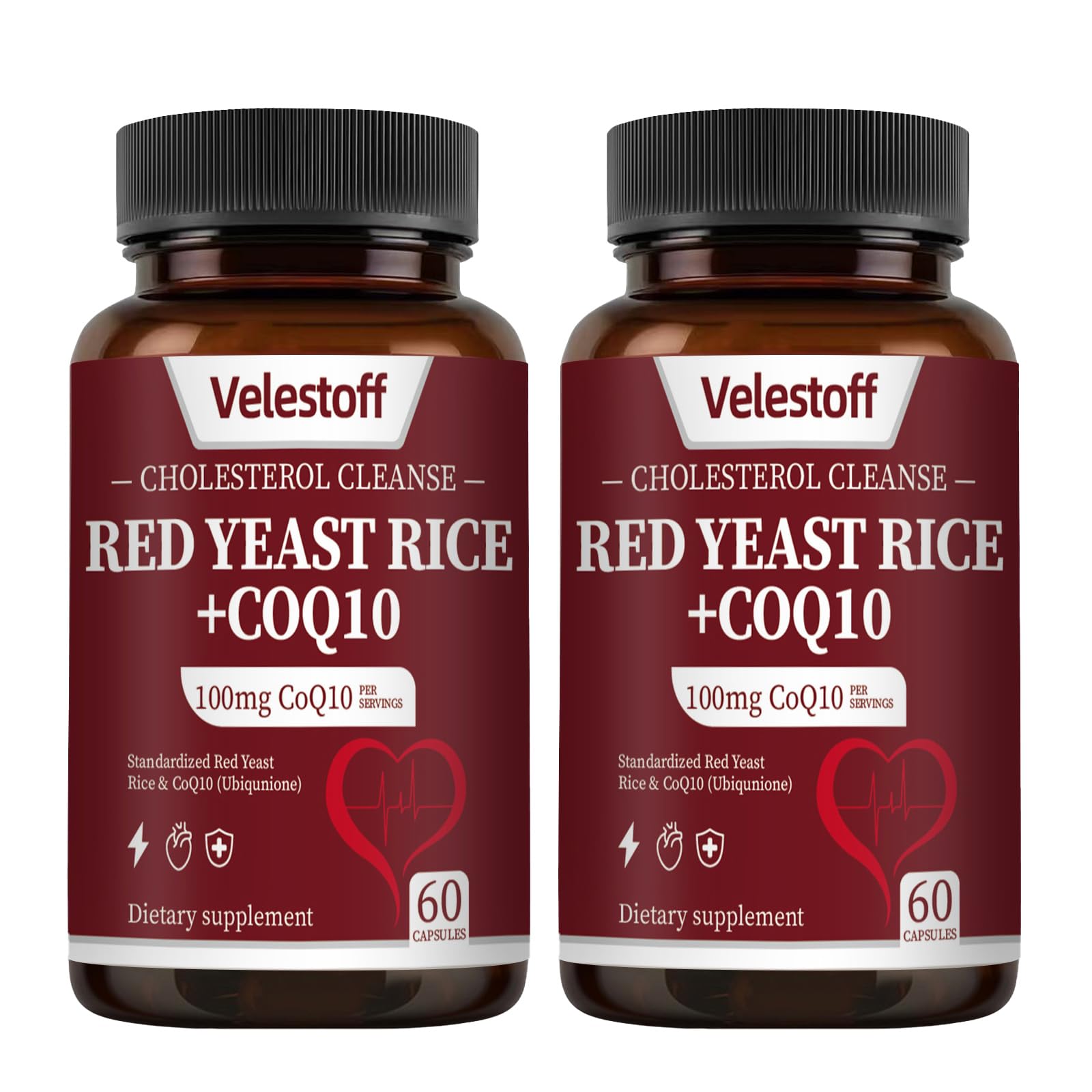 Velestoff Red Yeast Rice & CoQ10 Heart & Cholesterol Support Capsules, Citrinin-Free, Third-Party Tested, Vegan, USA-Formulated, 1 Capsule