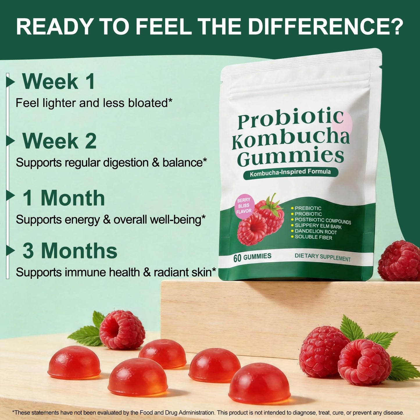 YJDHRPBI Probiotic Kombucha Gummy for Women, Prebiotics, Probiotics & Postbiotics, Fiber Supplement, Dandelion Root, Health Bloating Metabolism Support, for Bloating & Gut Health 90 Capsules