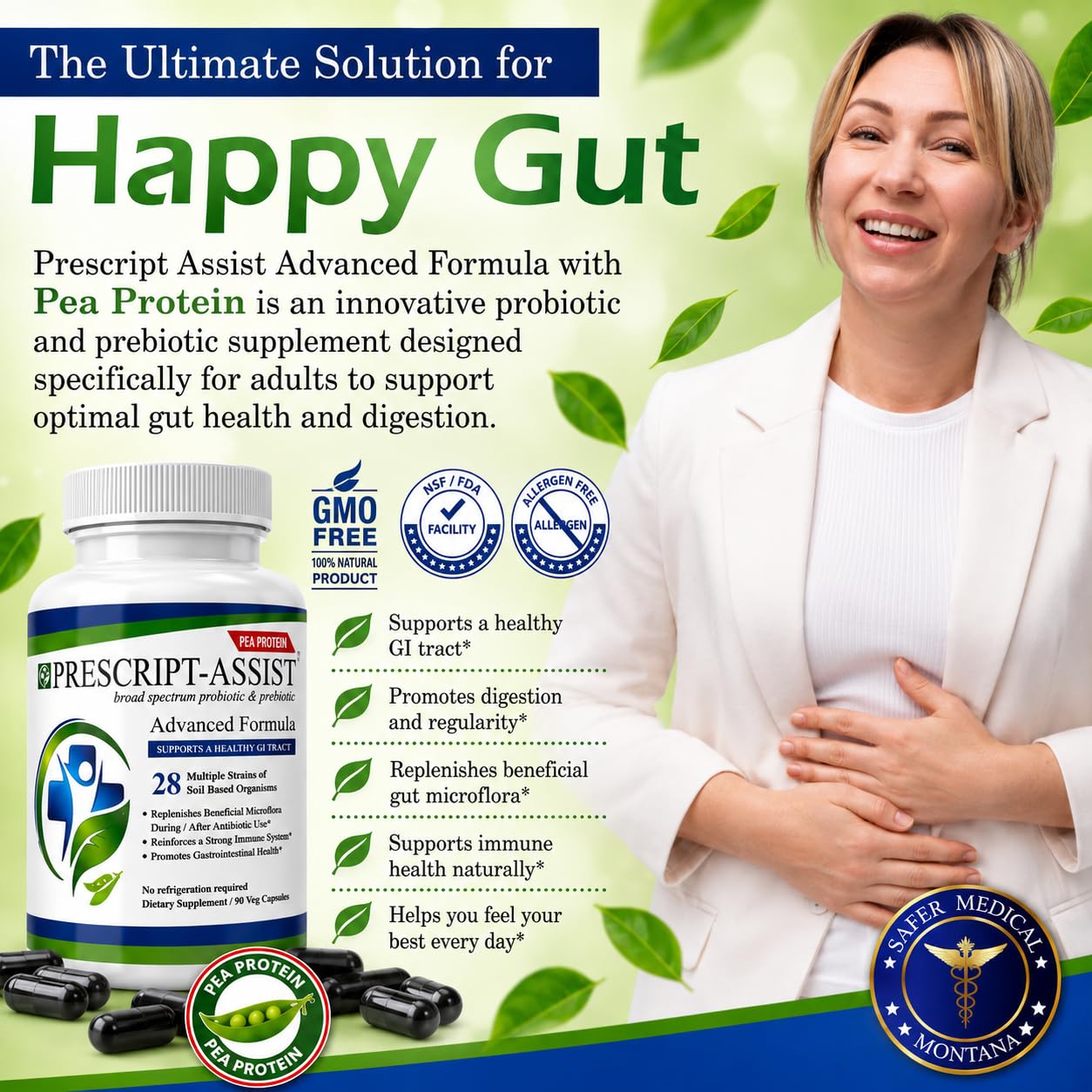 Prescript-Assist Advanced Formula with Pea Protein 28-Strains Soil Microflora Probiotic & Prebiotic for Adults, Soil-Based Probiotics for Gut Health & Digestion, No Refrigeration Needed Capsules, 90 Count