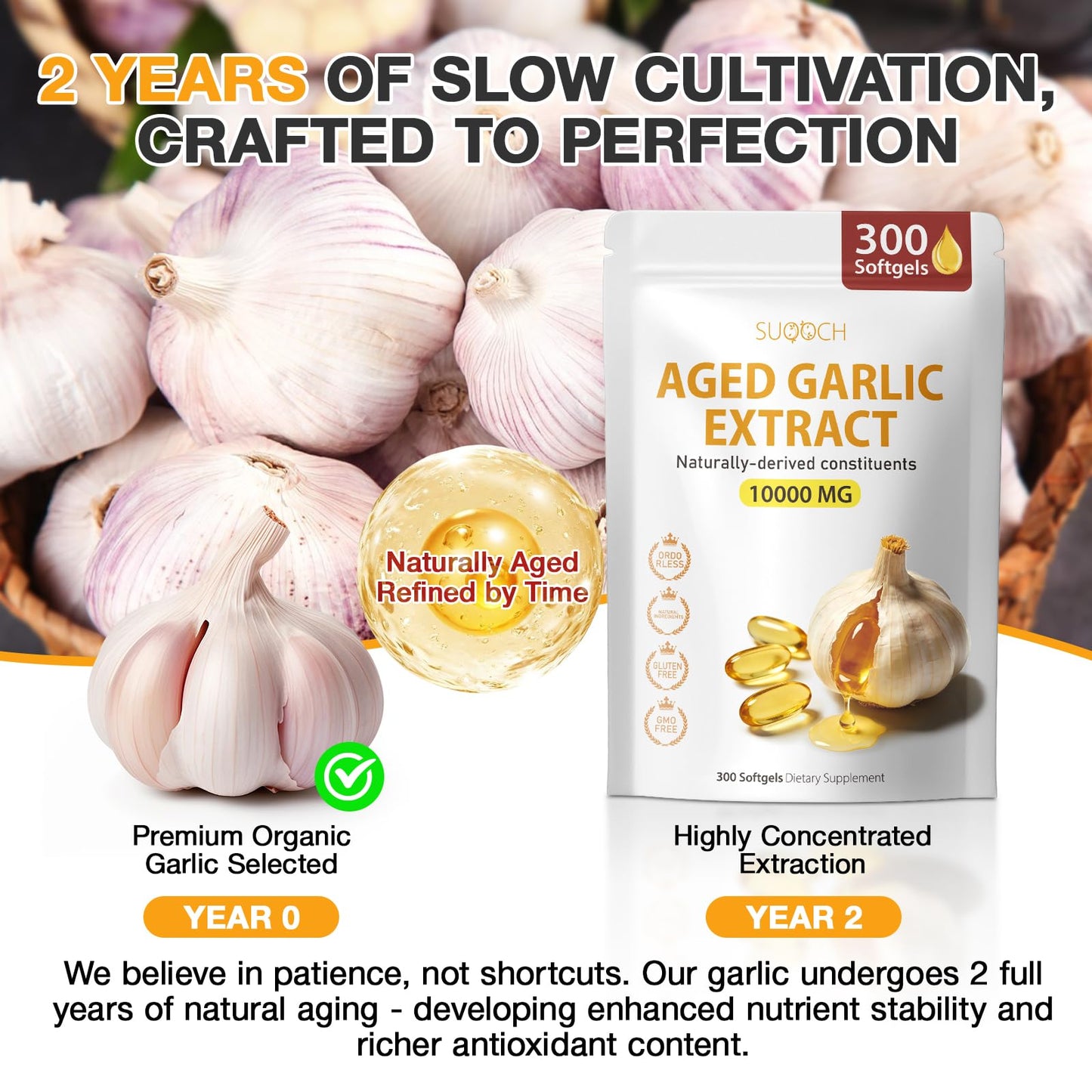 SUOOCH Odorless Aged Garlic Extract Softgels 300 Count