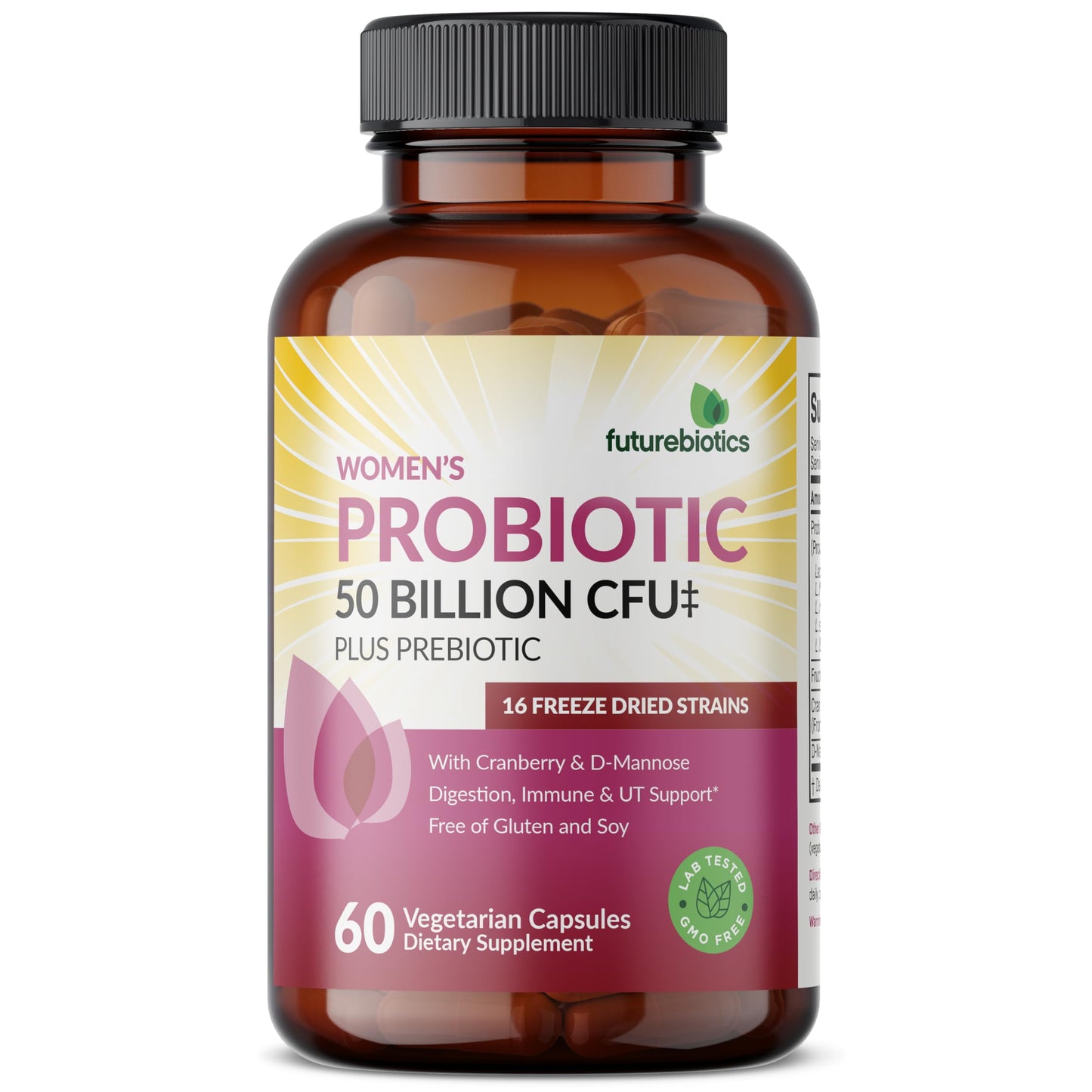 Futurebiotics Women's Probiotic 50 Billion CFU + Prebiotic with Cranberry & D-Mannose, Digestion Immune and Urinary Tract Support, Non-GMO, 60 Capsules