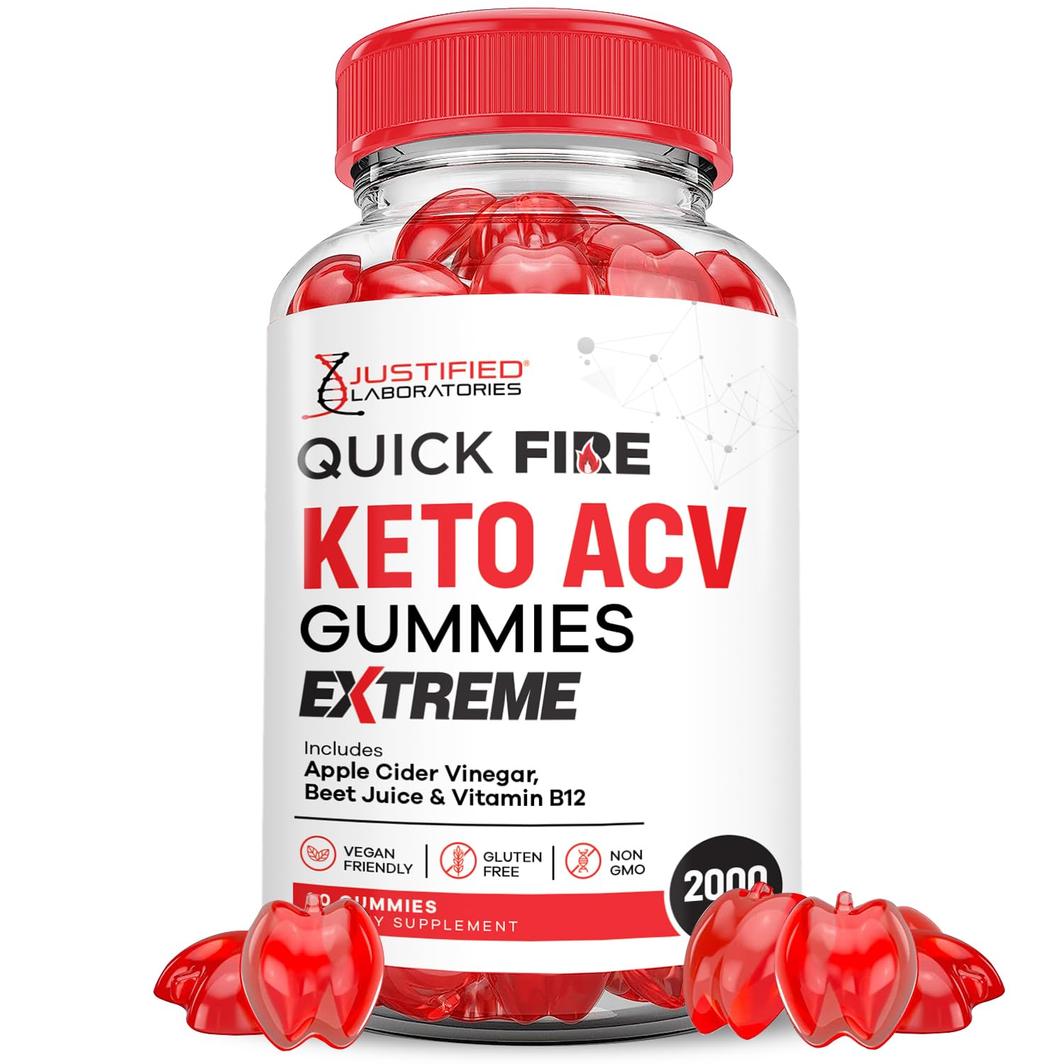 Justified Laboratories Quick Fire Keto ACV Gummies Extreme 2000MG, 60 Count