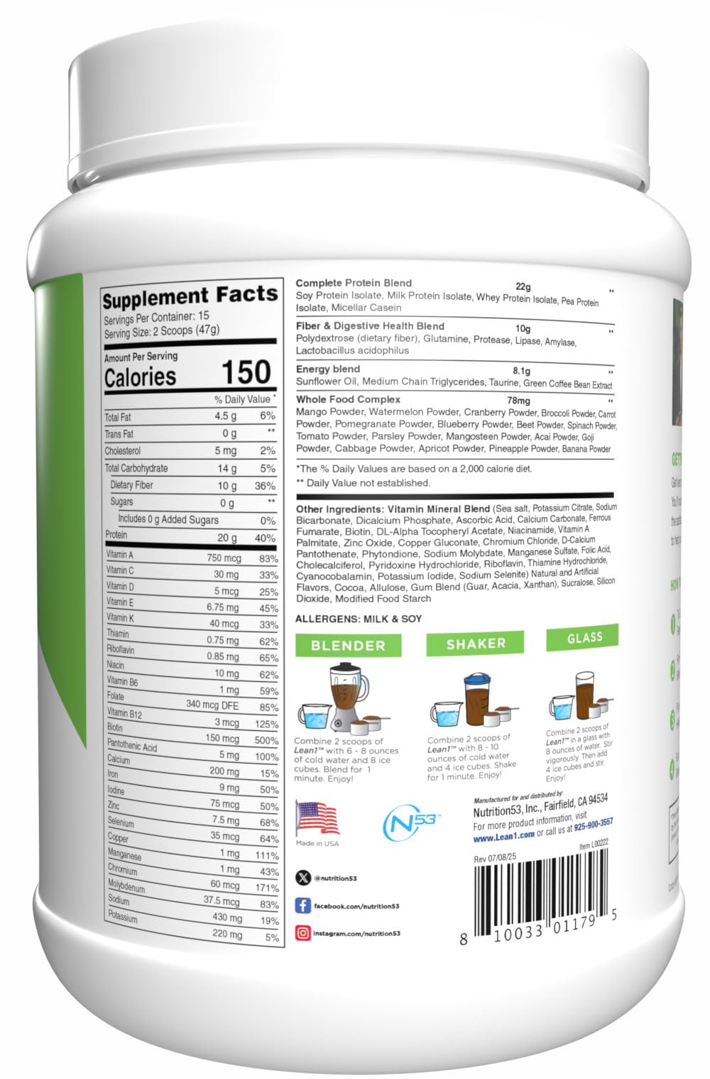 LEAN1 Chocolate Mint Flavor Fat-Burning Meal Replacement Protein Shake Powder, 27.5 Ounce