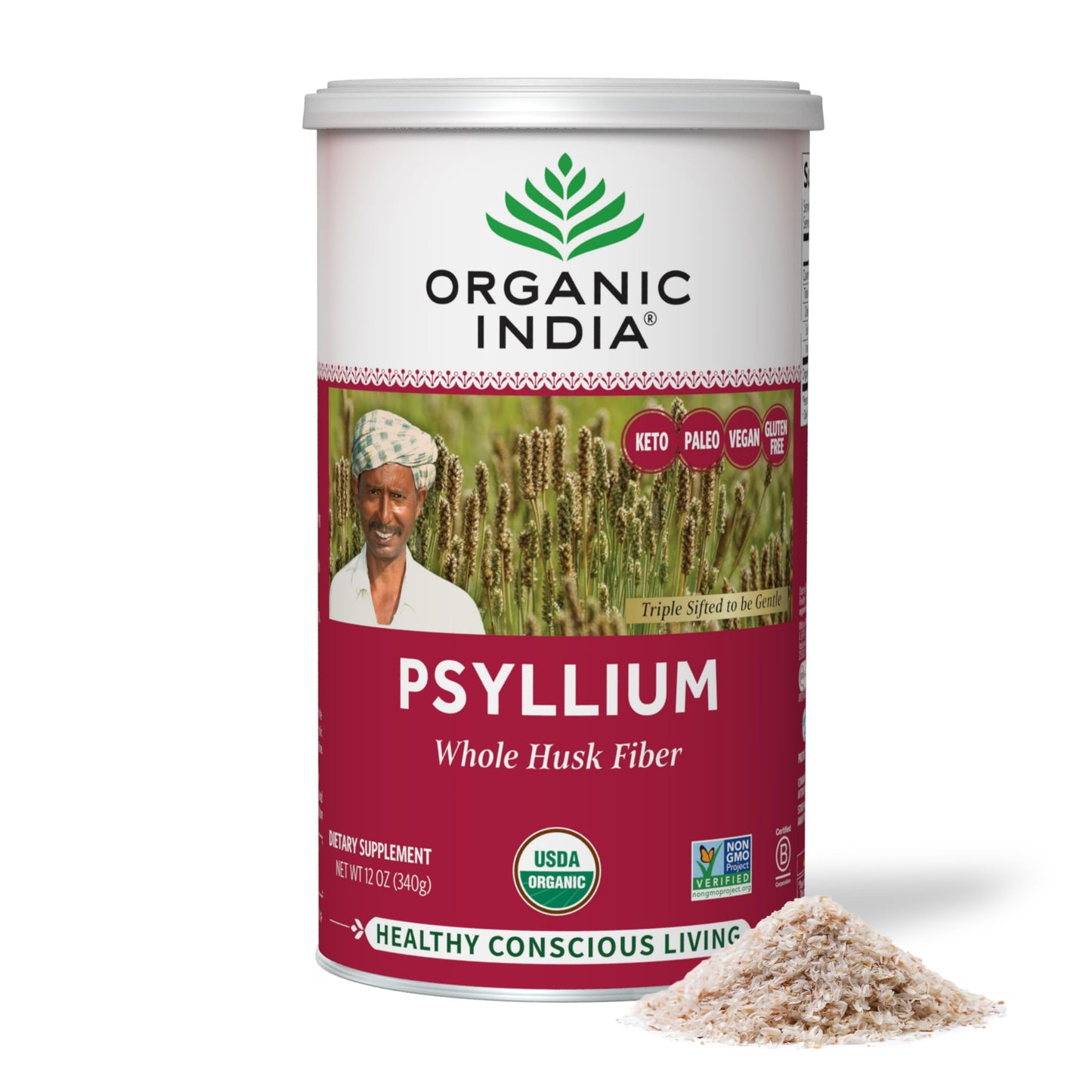 ORGANIC INDIA Whole Psyllium Husk Powder Organic - Psyllium Husk Fiber Supplement, Powder, 24